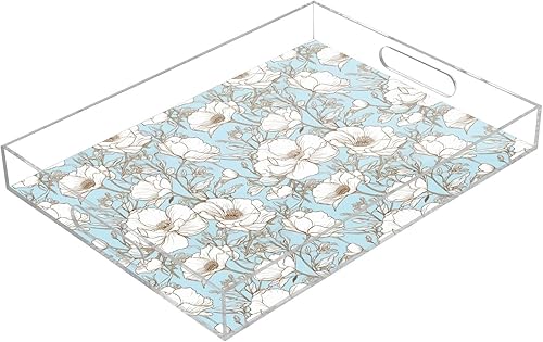 JIPONI Vintage Poppy Flowers Plastic Serving Trays, Decorative Serving Tray with Handles, Acrylic Storage Tray for Coffee Table, Bedroom, Bathroom,