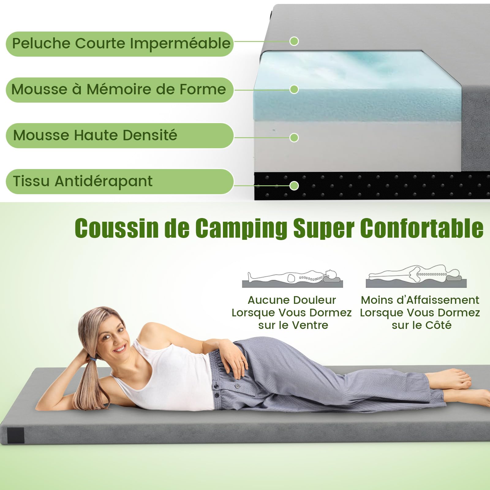 GYMAX Matelas Camping 1/2 Personnes Pliable, Longueur 188cm, Mousse à Mémoire de Forme, Housse Imperméable, Fond Antidérapant, Sangle pour Enroulement, Sac de Transport, pour Voyage, Randonnée