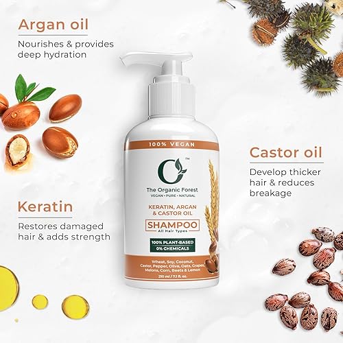 Miniatura 2 de Champú de queratina sin sulfato, aceite de ricino y aceite de argán marroquí | Champú hidratante y seguro para cabello seco, graso y adelgazante |