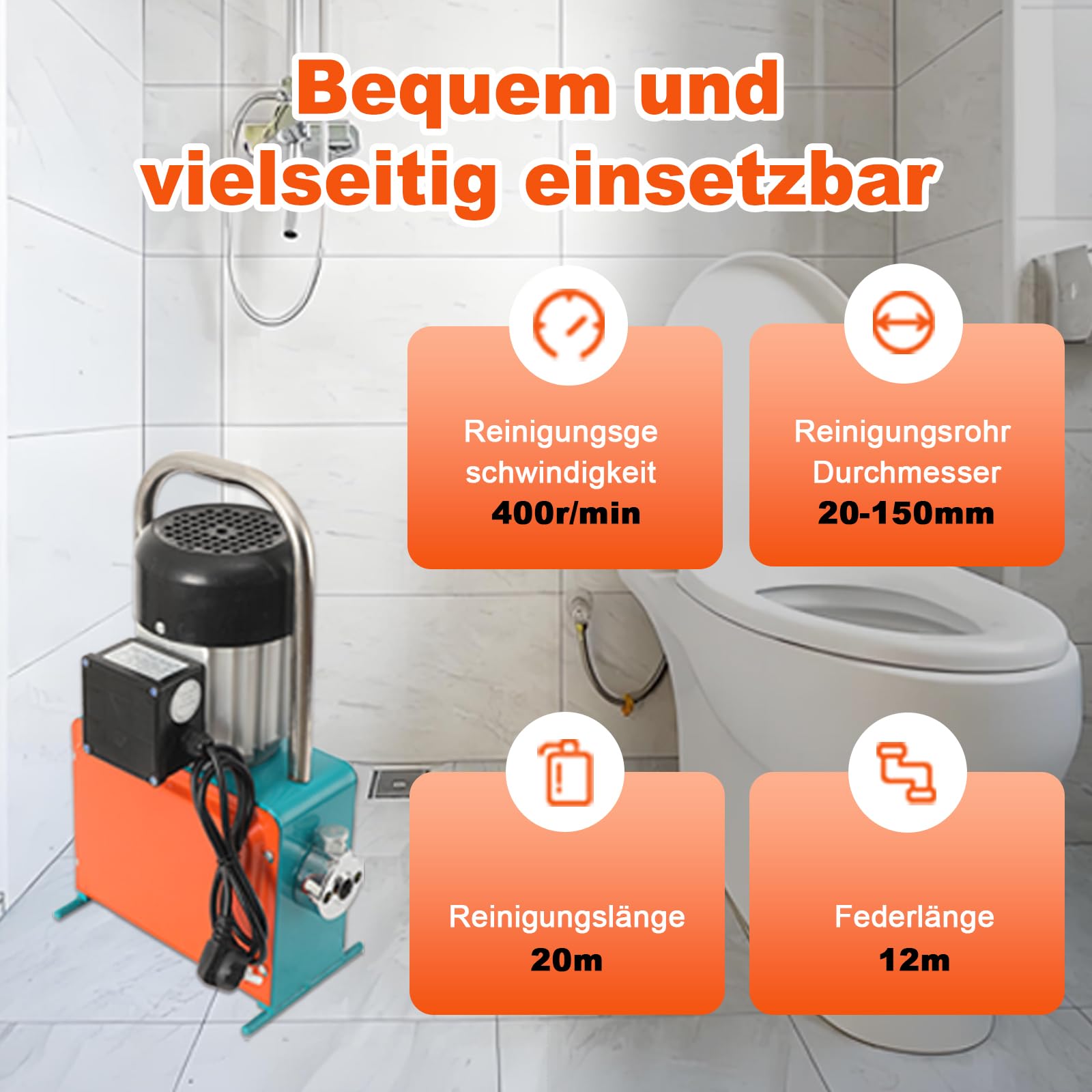 Rohrreinigungsmaschine Elektrische Rohrreinigungsspirale 20m 1000W | Rohrreinigungsgerät Kanalreinigungsmaschine mit 39.4ft Feder Rohrreiniger Satz für Rohr-Durchmesser 20mm-150mm