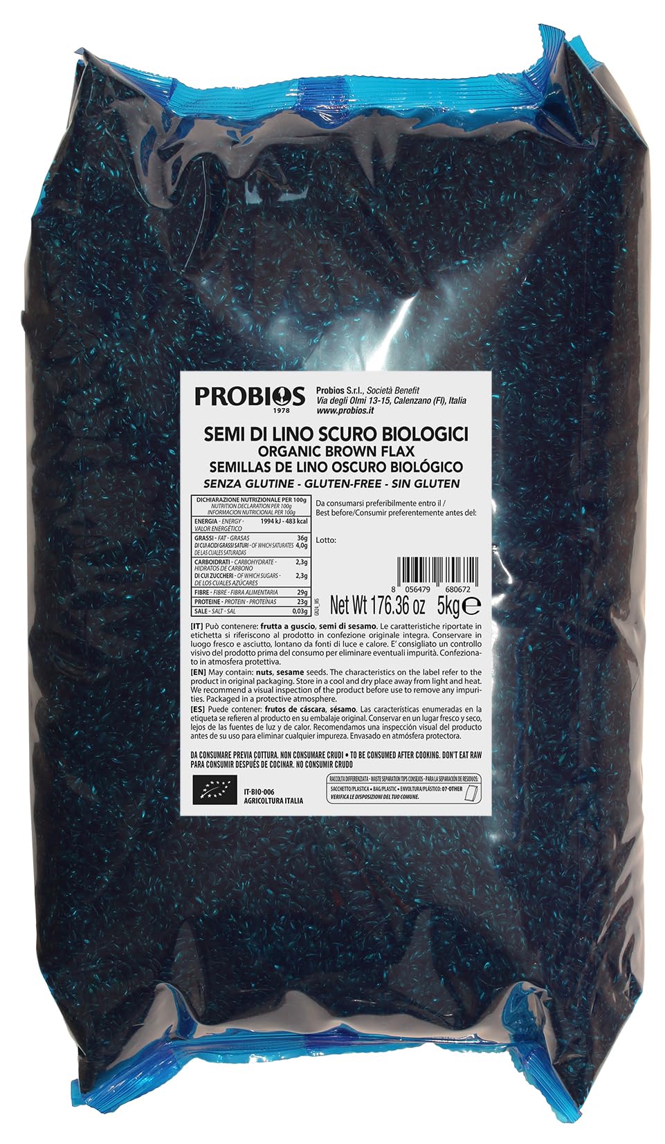 Probios Semi di Lino Fondente Bio - Semi di Lino Bio Senza Glutine - Ricco di Minerali e Fibre - Confezione da 5kg