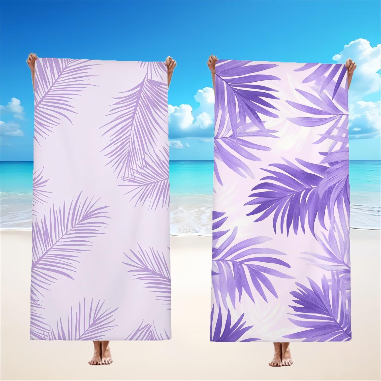Ręcznik plażowy 90 x 200 cm, fioletowy ręcznik z mikrofibry zestaw 2 arkuszy bardzo chłonny wzór, szybkoschnący, odporny na piasek, lekki ręcznik plażowy z zatrzaskami, do sauny, model845