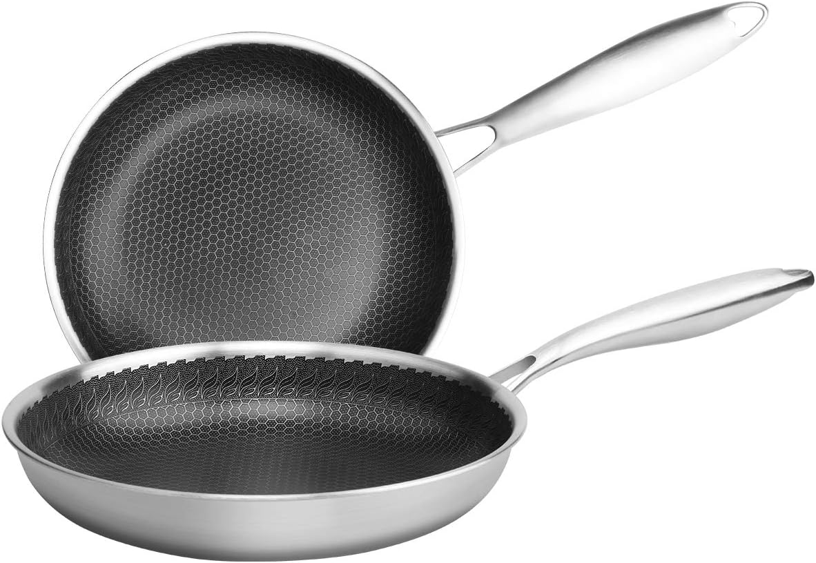 Cainfy Stainless Steel Nonstick Frying Pan Set 8&10 Inch, Tri-ply Stainless Steel Honeycomb Heavy Duty Skillets Dishwasher & Oven Safe, Nonstick Frying Pan Cookware for Gas and Induction Cooktops
