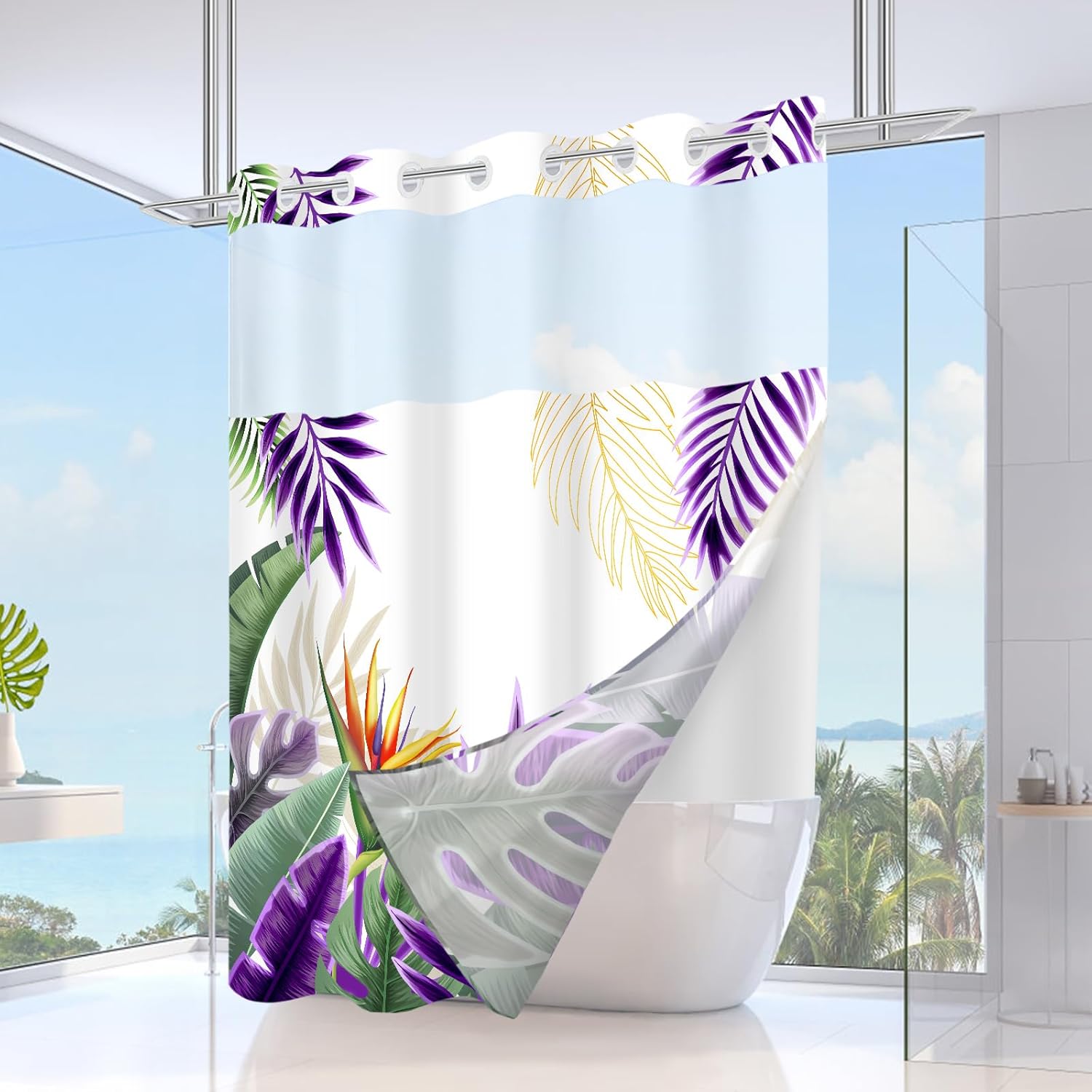 No Hook Shower Curtain with Snap in Liner, Tropical Leaf Shower Curtains and Liner Set for Bathroom, Monstera Palm Leaves Floral Fabric Bath Curtain, Waterproof Washable, Purple 71" x 74"
