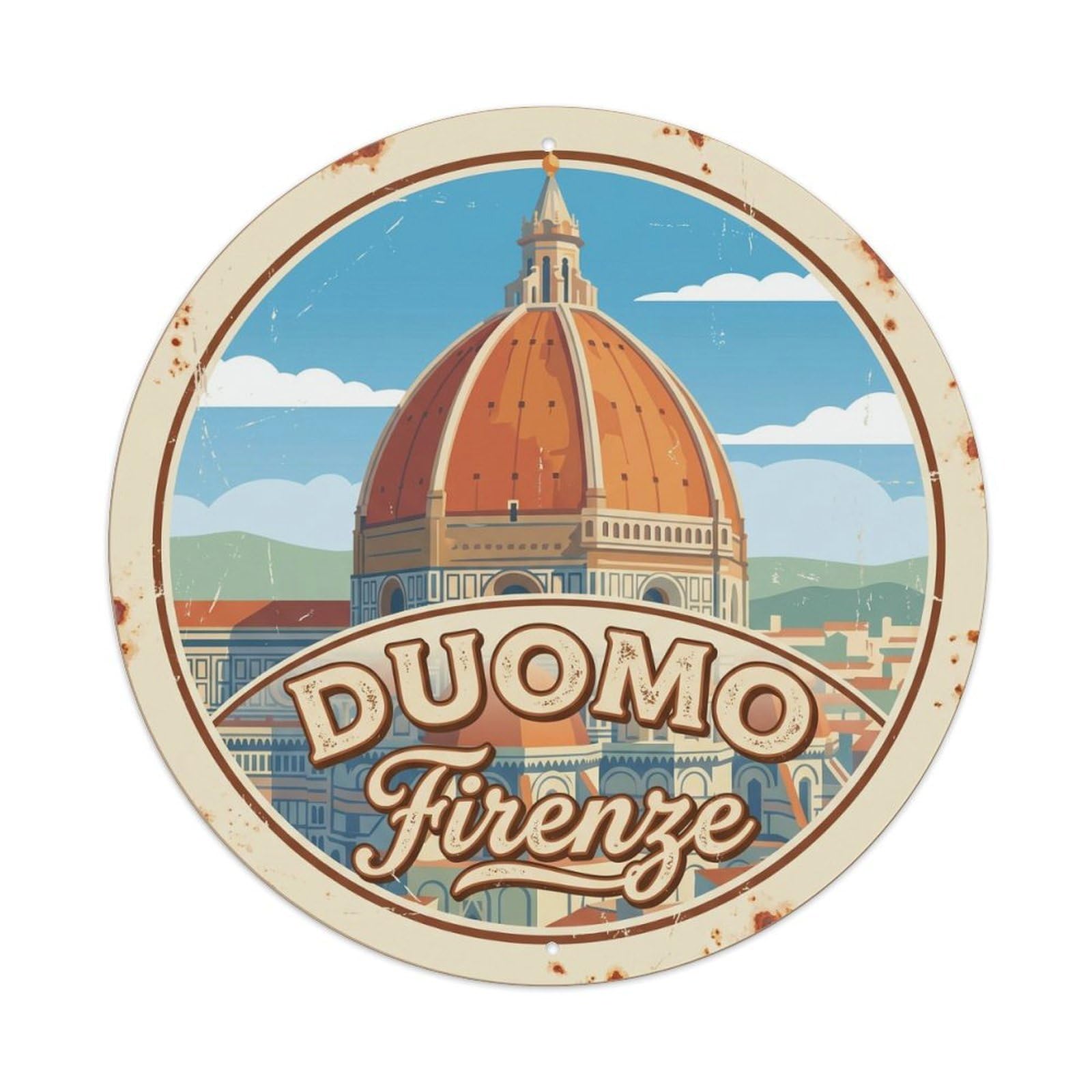 Vintage Travel Duomo Florence Cathedral Metal Tin Sign Plaque Wall Decor for Cafe, Club Bar, Office, Home Garden Round Metal Poster 8x8Inch