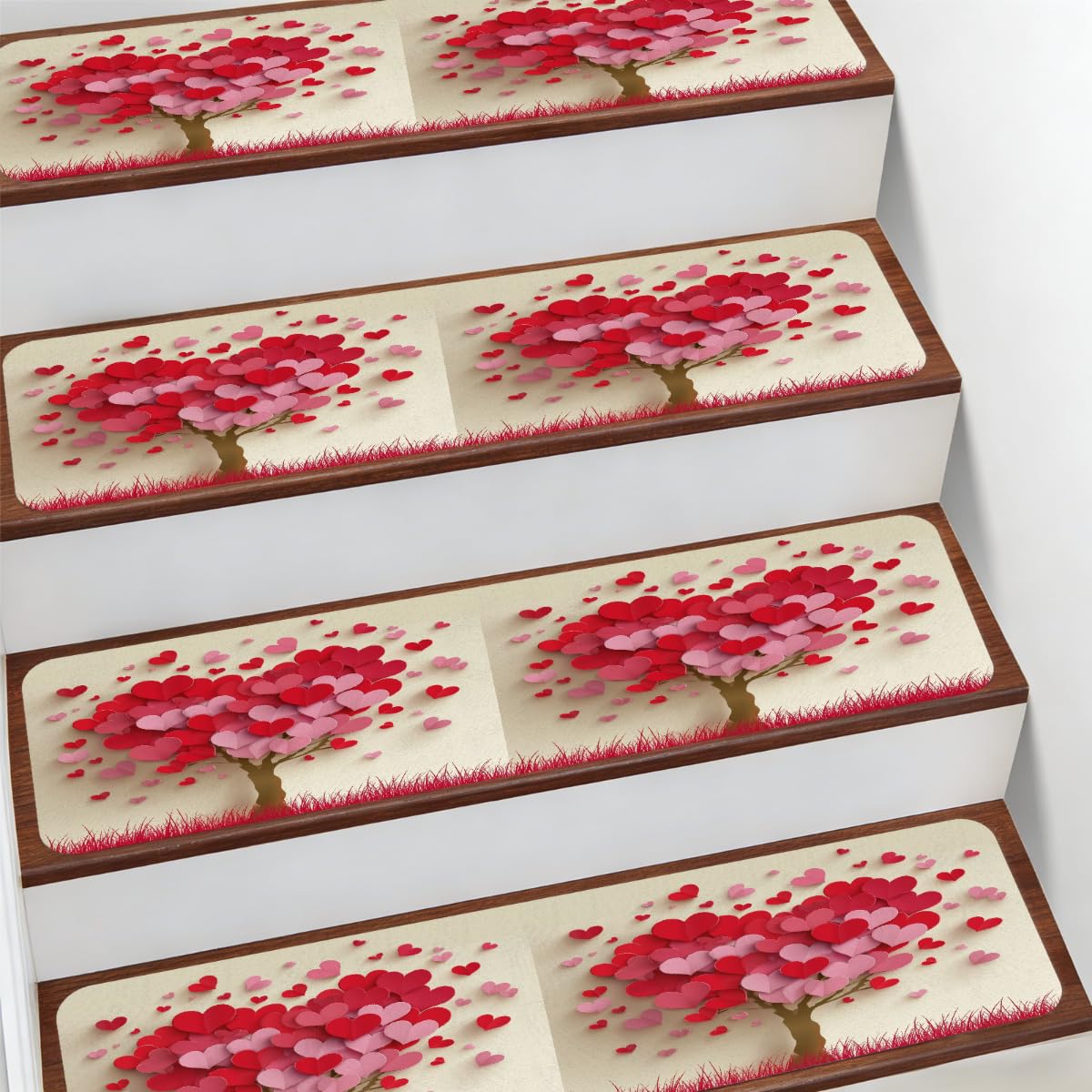 Alfombra para escaleras de 7.8 x 30 pulgadas antideslizante con diseño de árbol de corazones