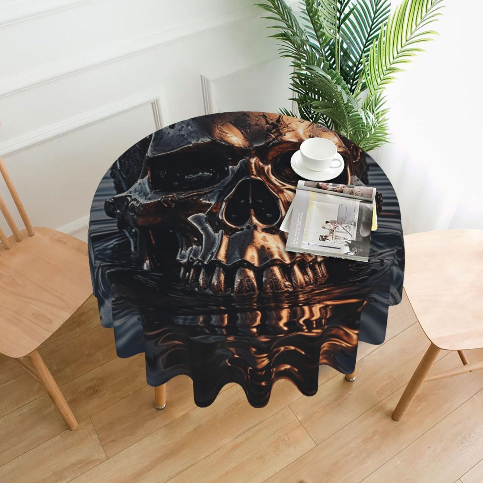 QMKFWT Metal Skull Printed Round Tablecloth,Dust-Proof Wrinkle Resistant Table Cover Washable Polyester Table Cloth for Kitchen Dining Room Farmhouse Picnic Indoor Outdoor(Round 60 Inch)