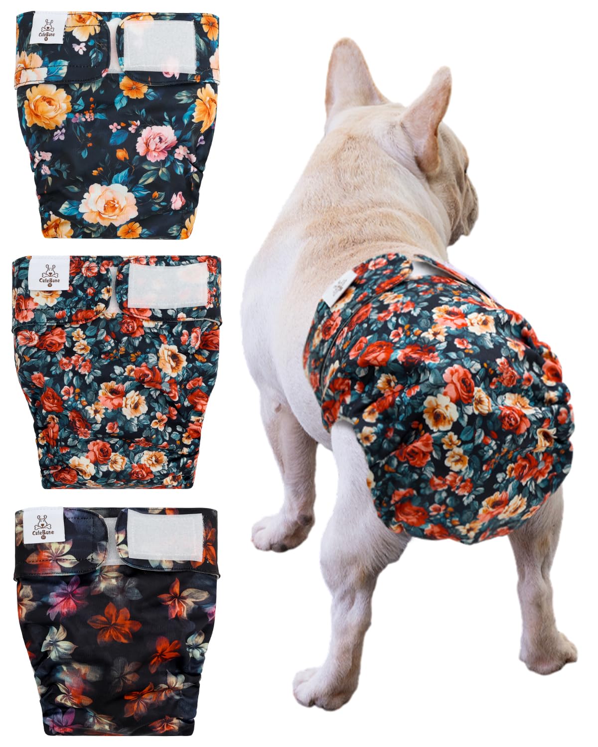 CuteBone Washable Dog Diapers Female No Tail Hole 3 Pack Reusable Doggie Period Training Pants for Docked-Tail Frenchie French Bulldog Boston Terrier Without Tail WWD33XL