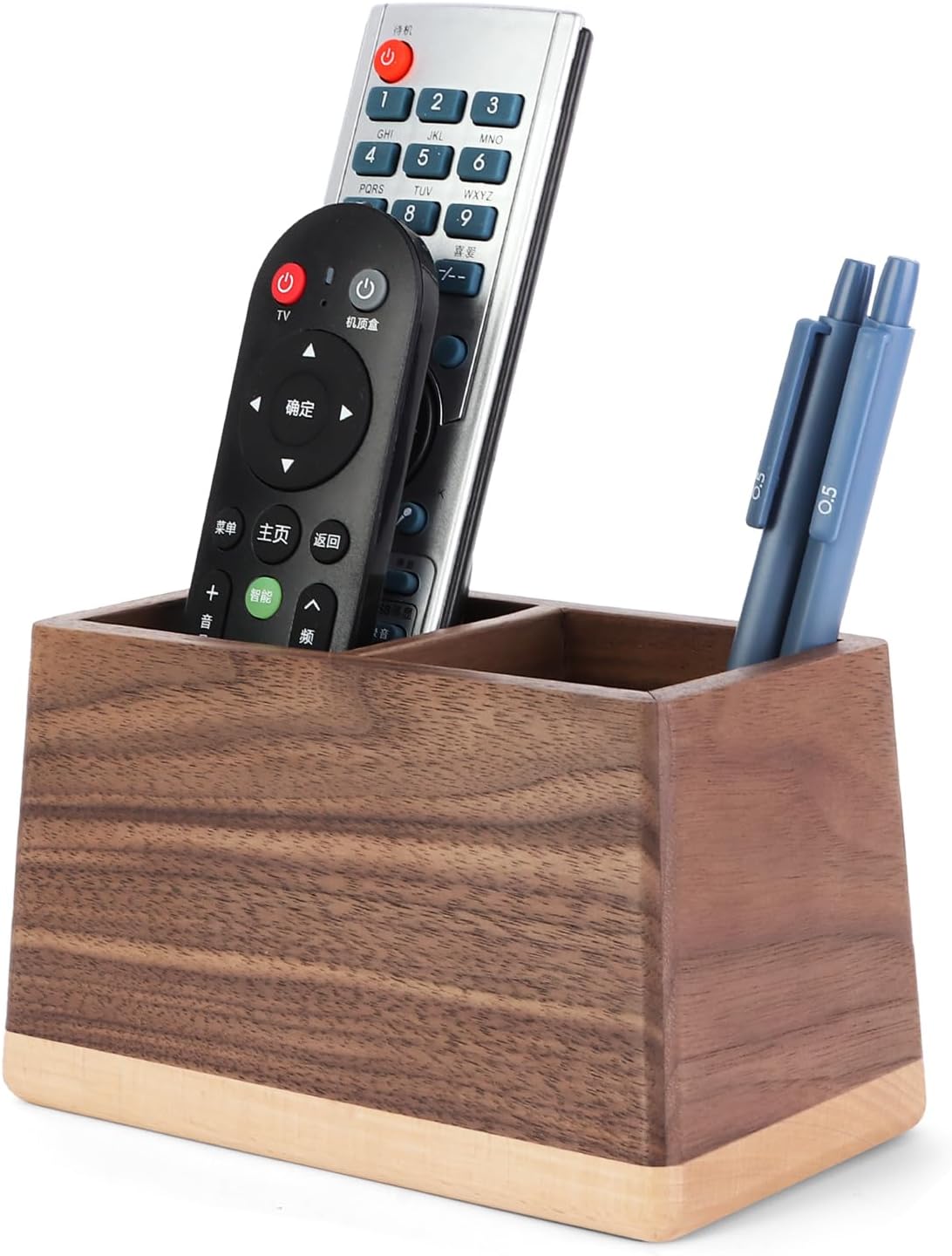 Walnut Pencil Holder Wood Pen Holder for Desk Multiple-Use Desk Writing Stationary Organizer Office School Supplies Storage Double Slots Trapezoid Shape