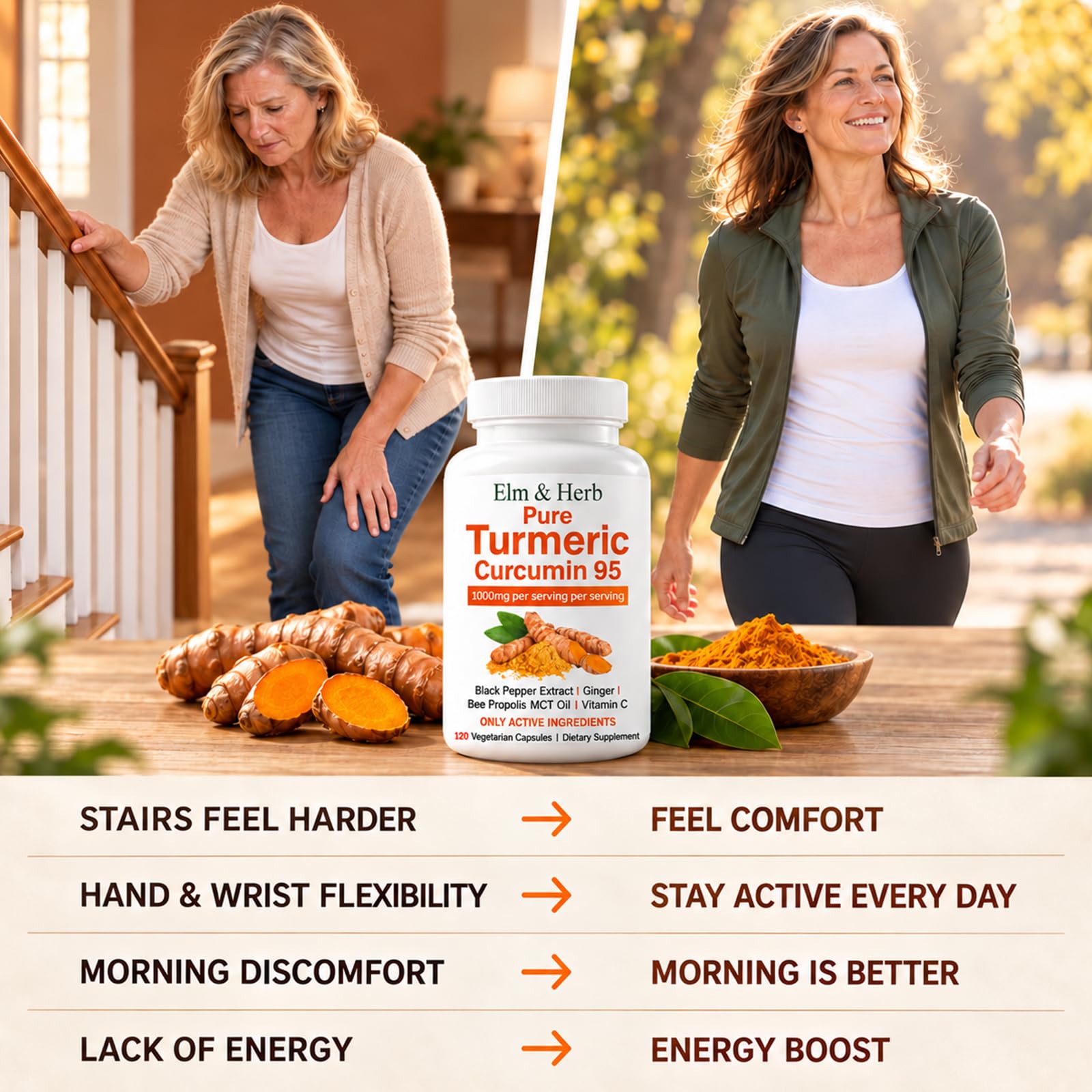 Elm & Herb Pure Turmeric Curcumin 95, Elm and Herb Turmeric Curcumin Supplement Capsules with Black Pepper Extract, Ginger, Bee Propolis, MCT Oil & Vitamin C (1) — Amazon image 4