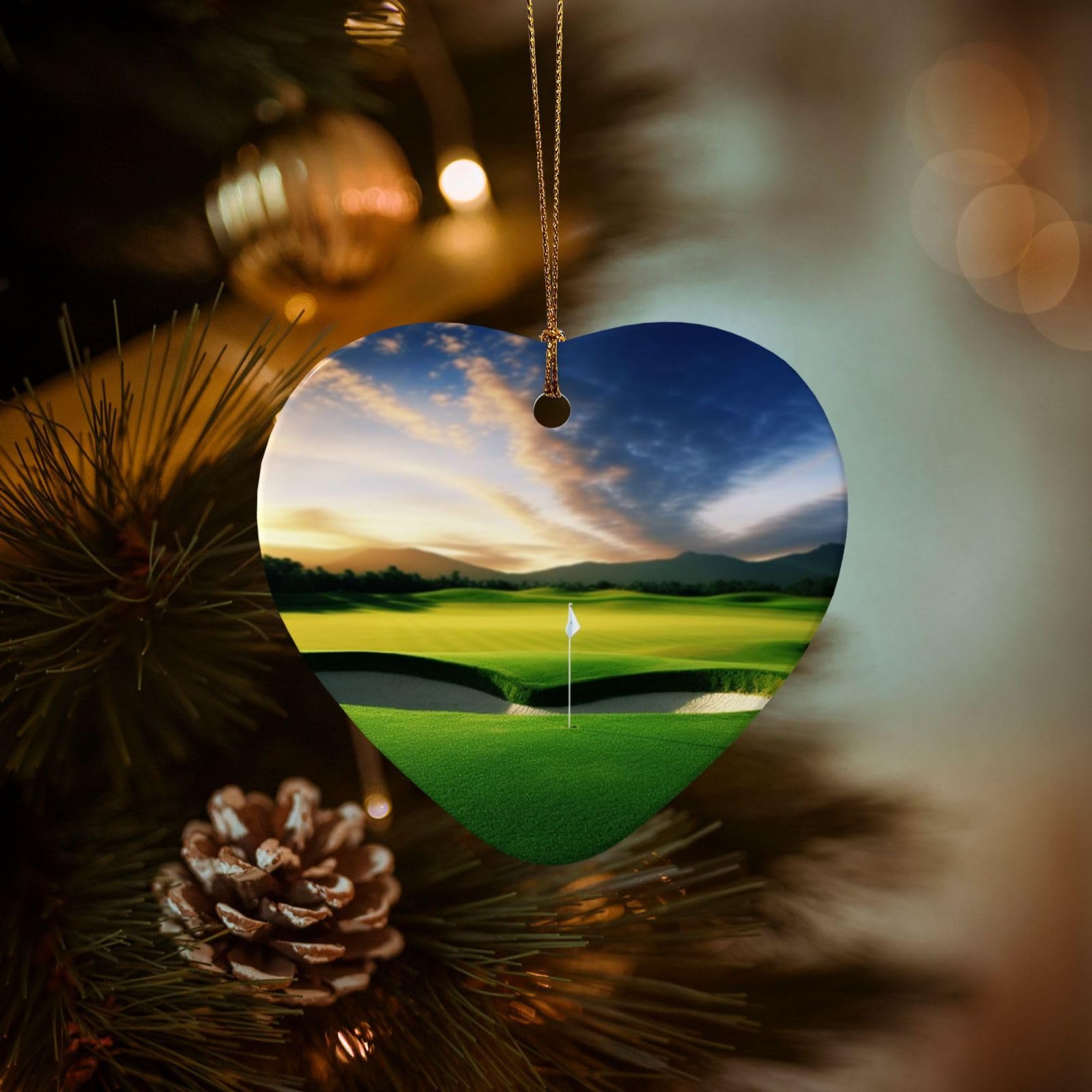 Christmas Tree Ornaments Ceramics Christmas Decorations Golf Course Ornaments with Gold Ribbon Porcelain Xmas Tree Crafts Heart Shape Hanging Pendant for Christmas Tree Party Decor
