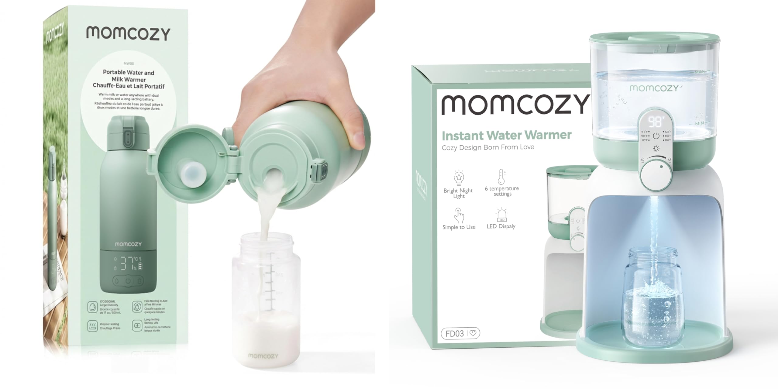 Momcozy MW05 Tragbarer Flaschenwärmer Baby für unterwegs, 500ml Kapazität + 24x Nutzung/Akku & Momcozy Flaschenzubereiter Baby mit Dual-Licht, Schneller Flaschenwärmer zur Milchzubereitung