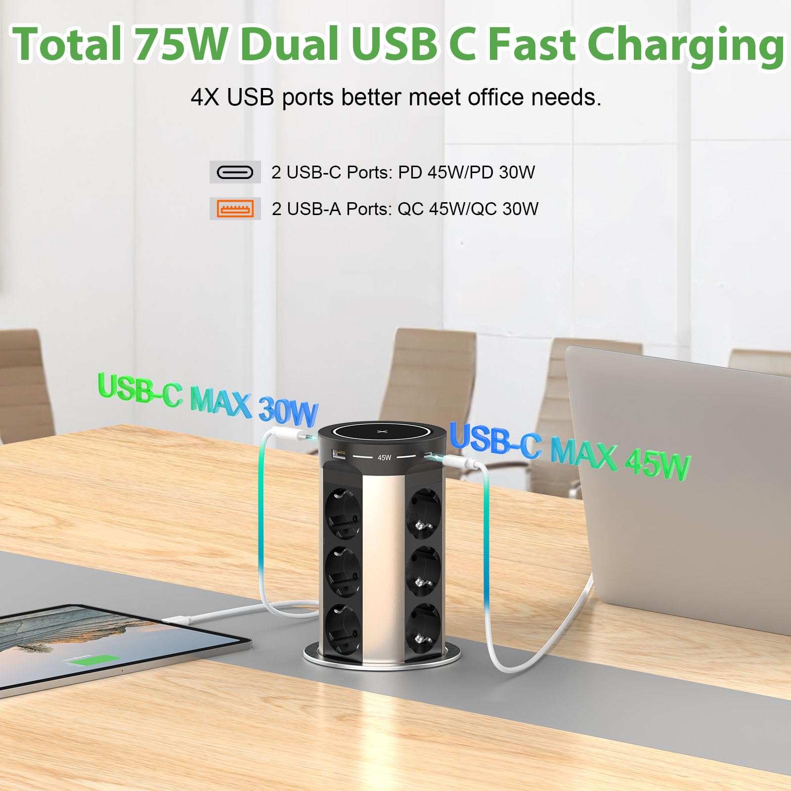 Versenkbare Tischsteckdose mit USB C PD75W, 12 Fach Einbausteckdose Versenkbar mit 15W Kabelloses Laden, Tisch Steckdosenleiste für Arbeitsplatte Küche, 2M Kabel, D 100MM