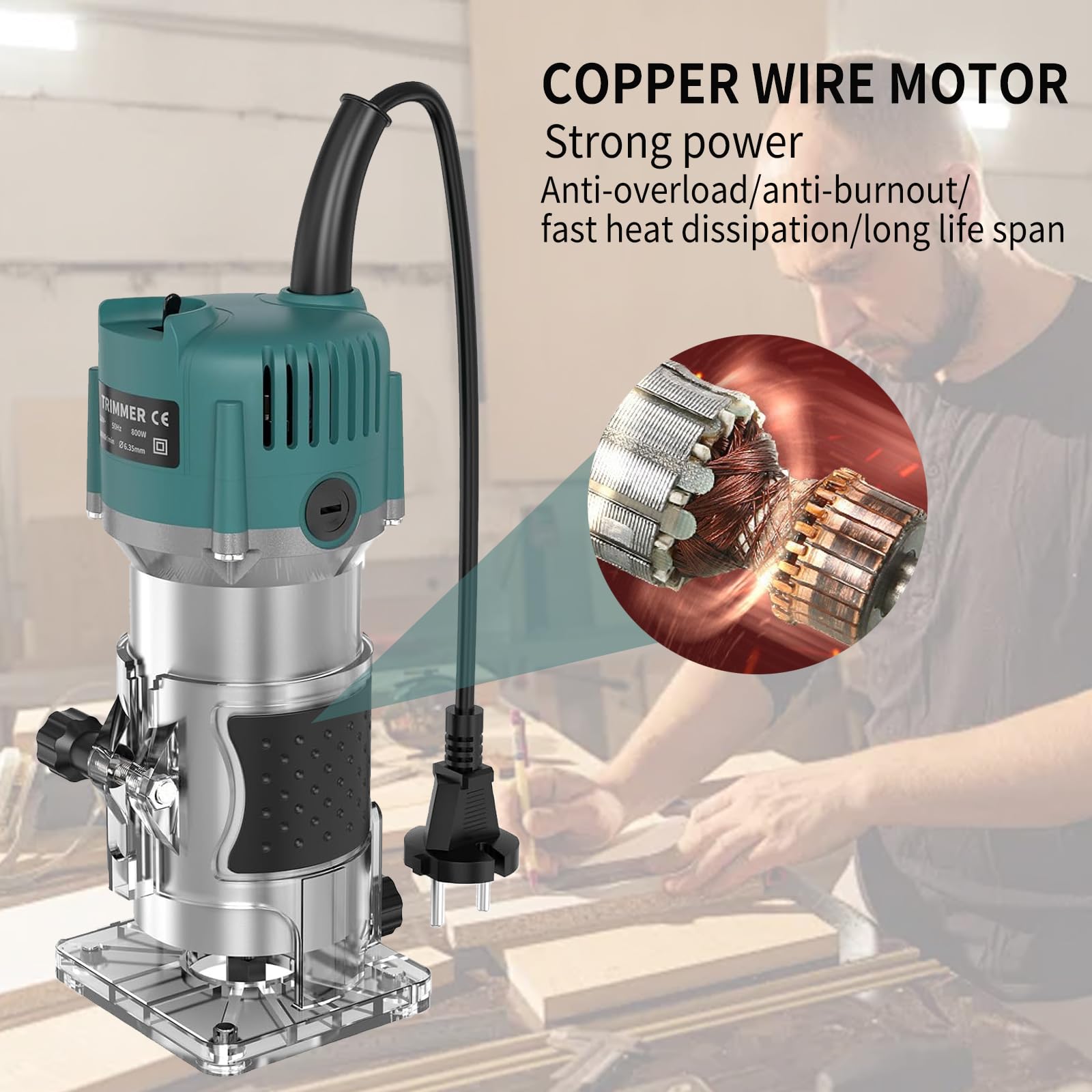 Router Elettrico Diametro 6,35 mm,Fresa Elettrica per Laminati 800 W Fresatrice per Bordi Professionale 30.000 Giri/Min,con set di Frese per Scanalature Nel Legno da 15 Pezzi
