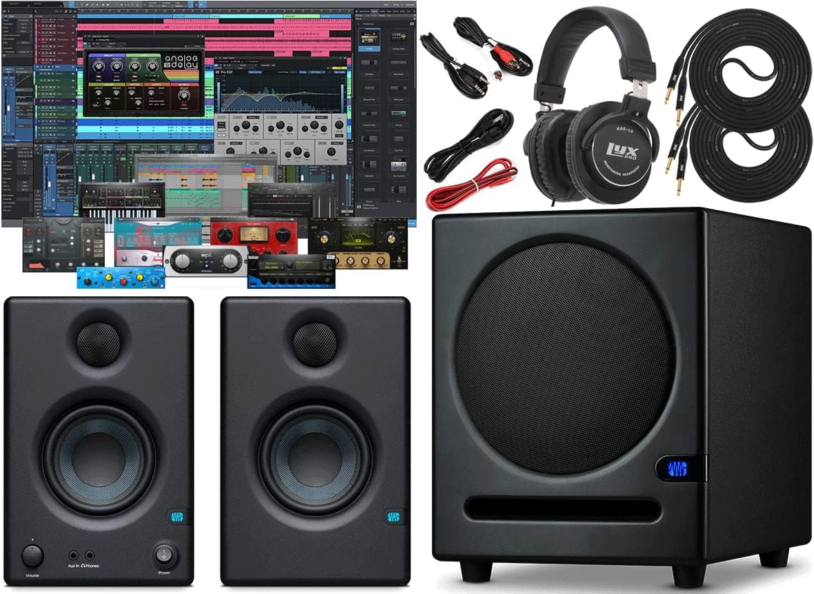 PreSonus Eris Sub8 Compact Powered Studio Subwoofer with Eris E4.5 2-Way 25W Monitors Featuring Music Editing Software and Headphone and Instrument Cables