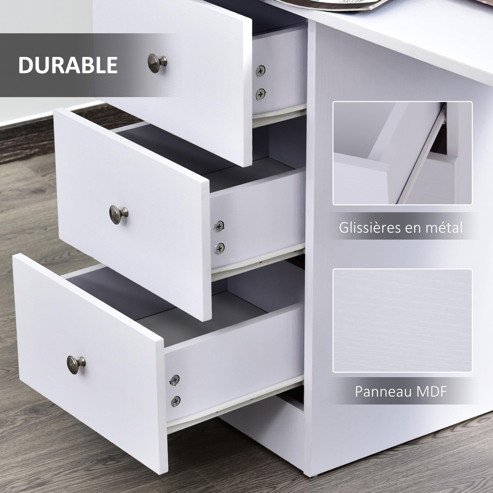 HOMCOM Bureau Informatique Multimédia 3 Tiroirs 120L x 49l x 72H cm Blanc