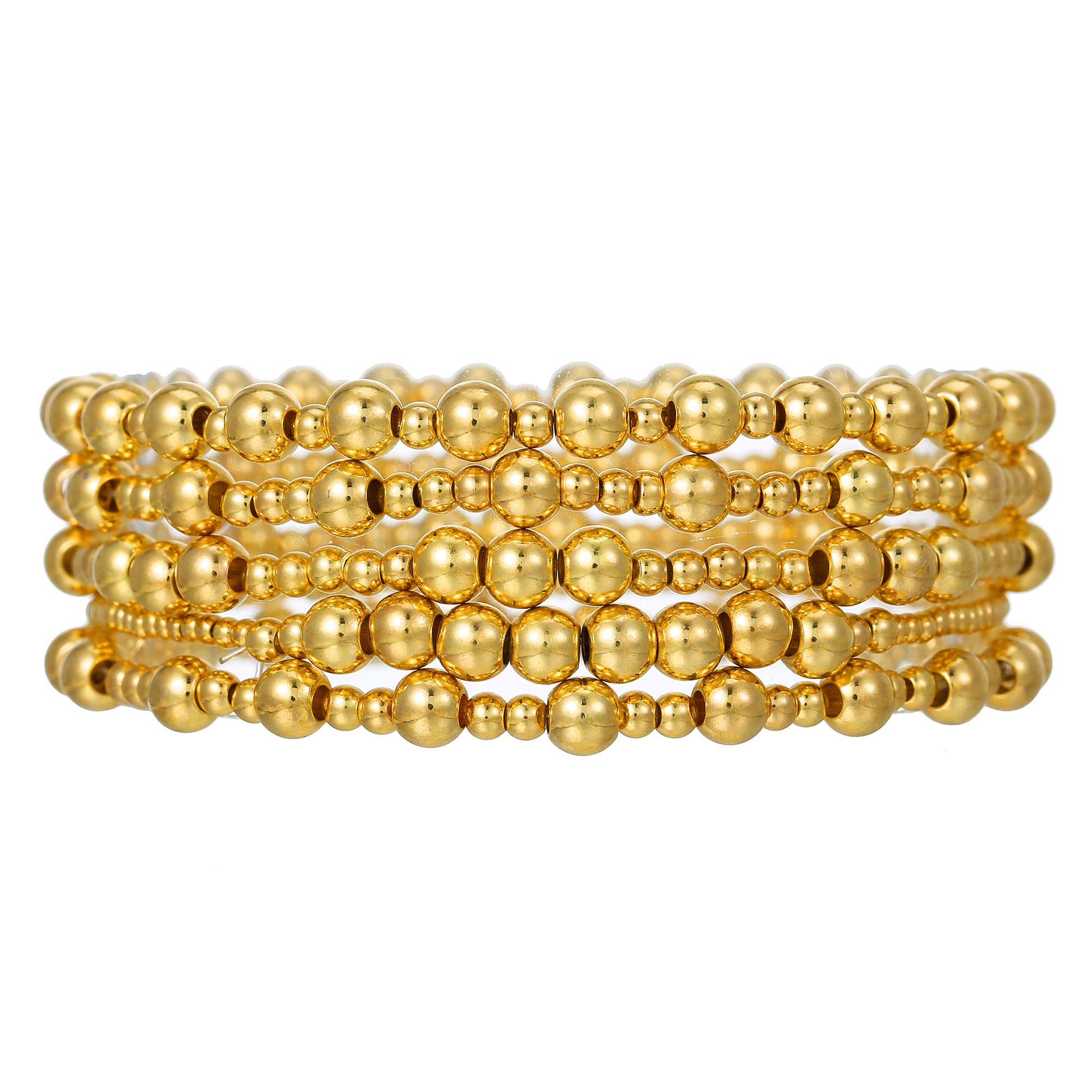 Gold Bracelets for Women 14K Gold Plated Beaded Non Tarnish Bracelets Stretch Bead Ball Bracelet Stack Set Jewelry for Gifts