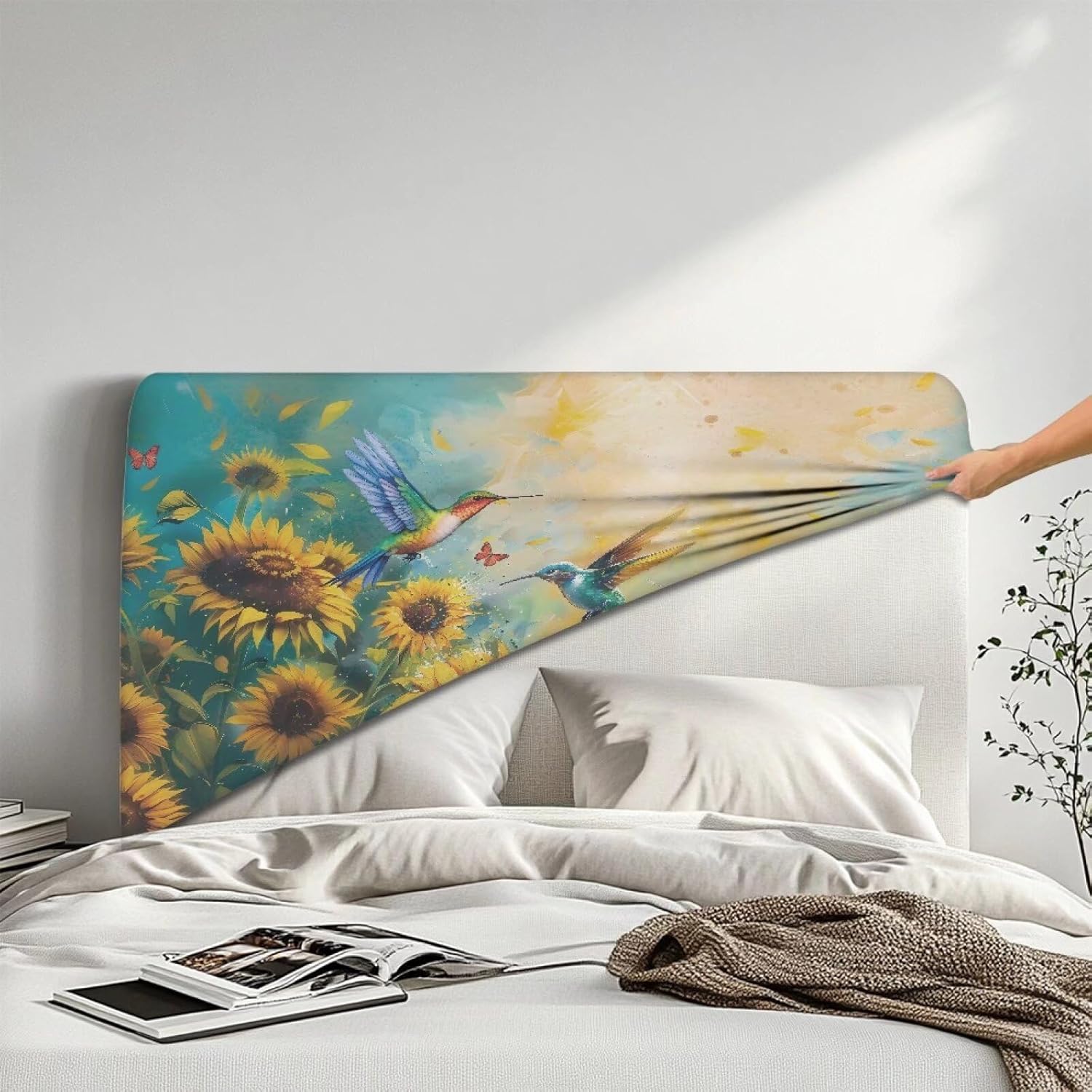 Hummingbird Sunflower Stretch Headboard Covers for Queen,King Size Bed Headboard Slipcover,Headboard Cover Full,Easy to Install Headboard Decoration