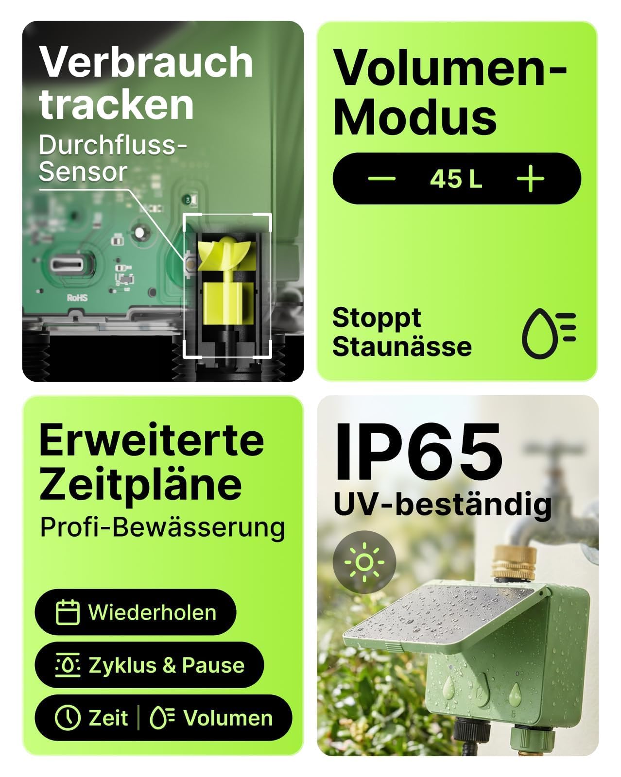 Programmateur Arrosage WiFi 2 Voies Solaire avec Débitmètre, Entrée d'eau en Laiton, Arrosage Automatique Jardin (App/Alexa)