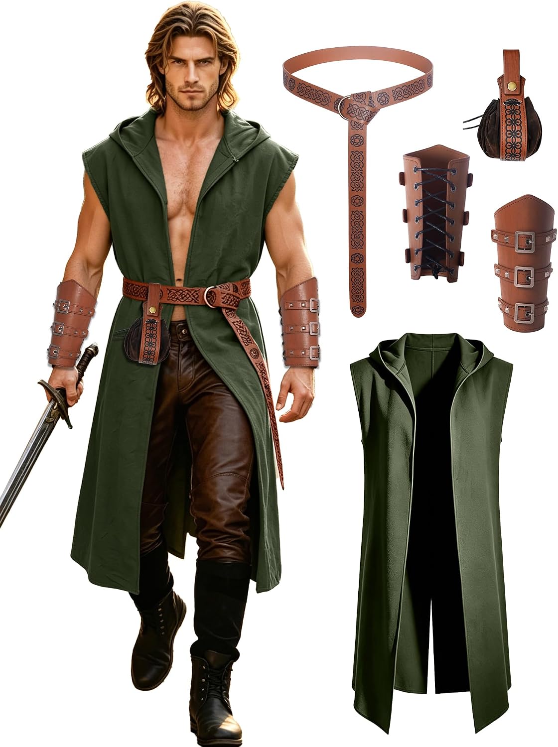 Medieval Hooded Sleeveless Surcoat for Men-Renaissance Viking Tunic Cloak with Belt and Bracers for Halloween, LARP