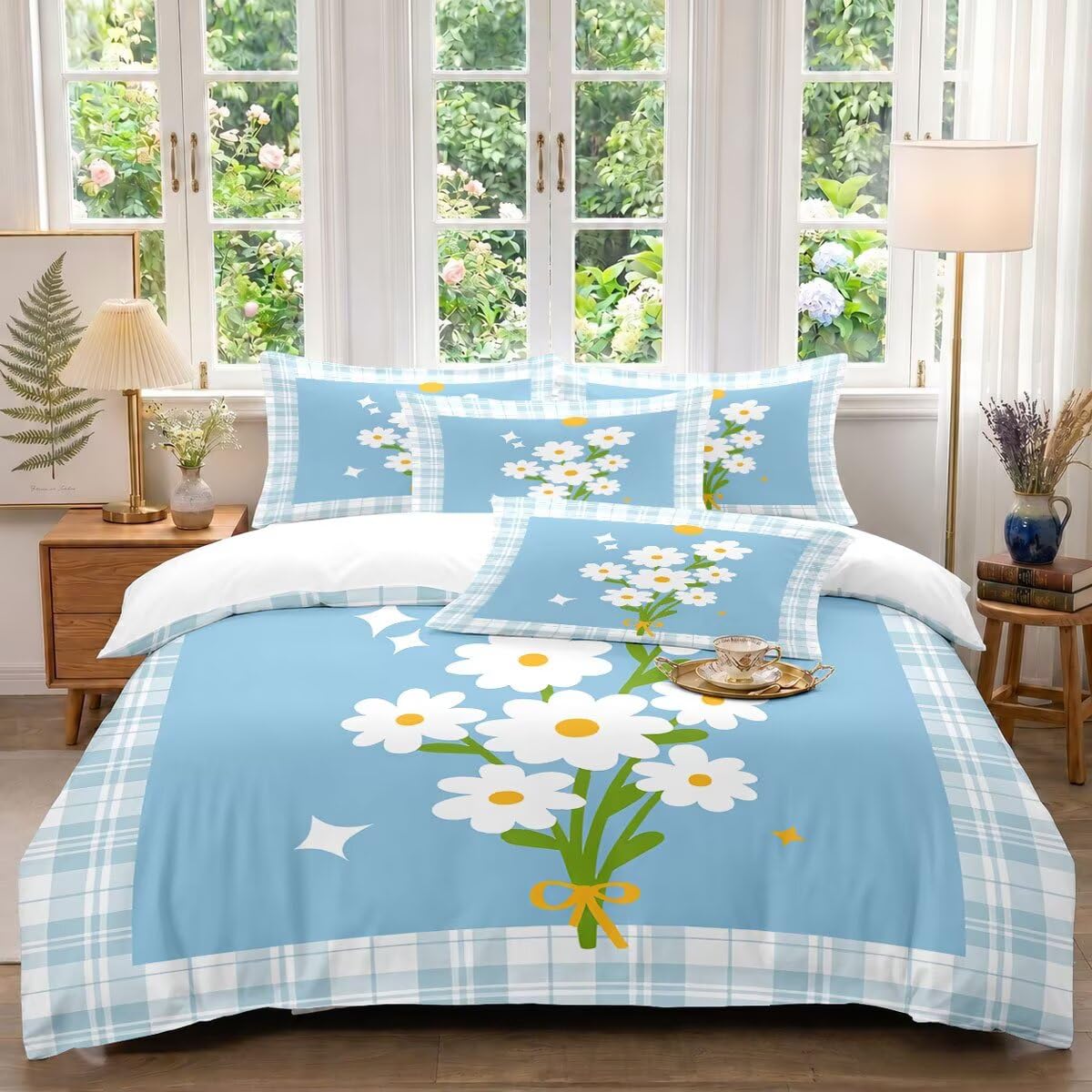 ViblyCoz White Daisy Floral on Blue Gingham Single Bed Duvet Cover Set Blue 3 Piece Bedding with 1 Duvet Cover 135x200cm and 2 Pillowcases