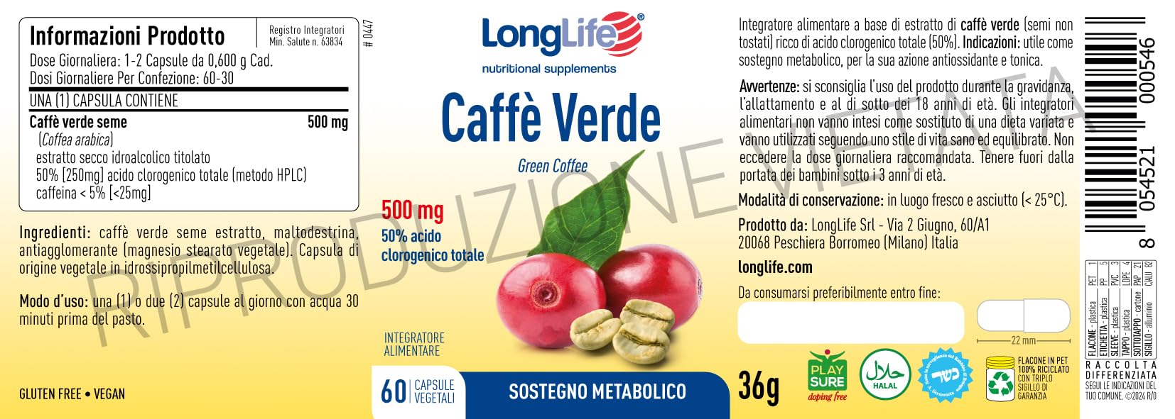 LongLife® Caffè Verde | Estratto titolato al 50% in Acido Clorogenico | Sostegno metabolico | Azione tonica e antiossidante | Fino a 2 mesi di trattamento | Vegano e Senza glutine