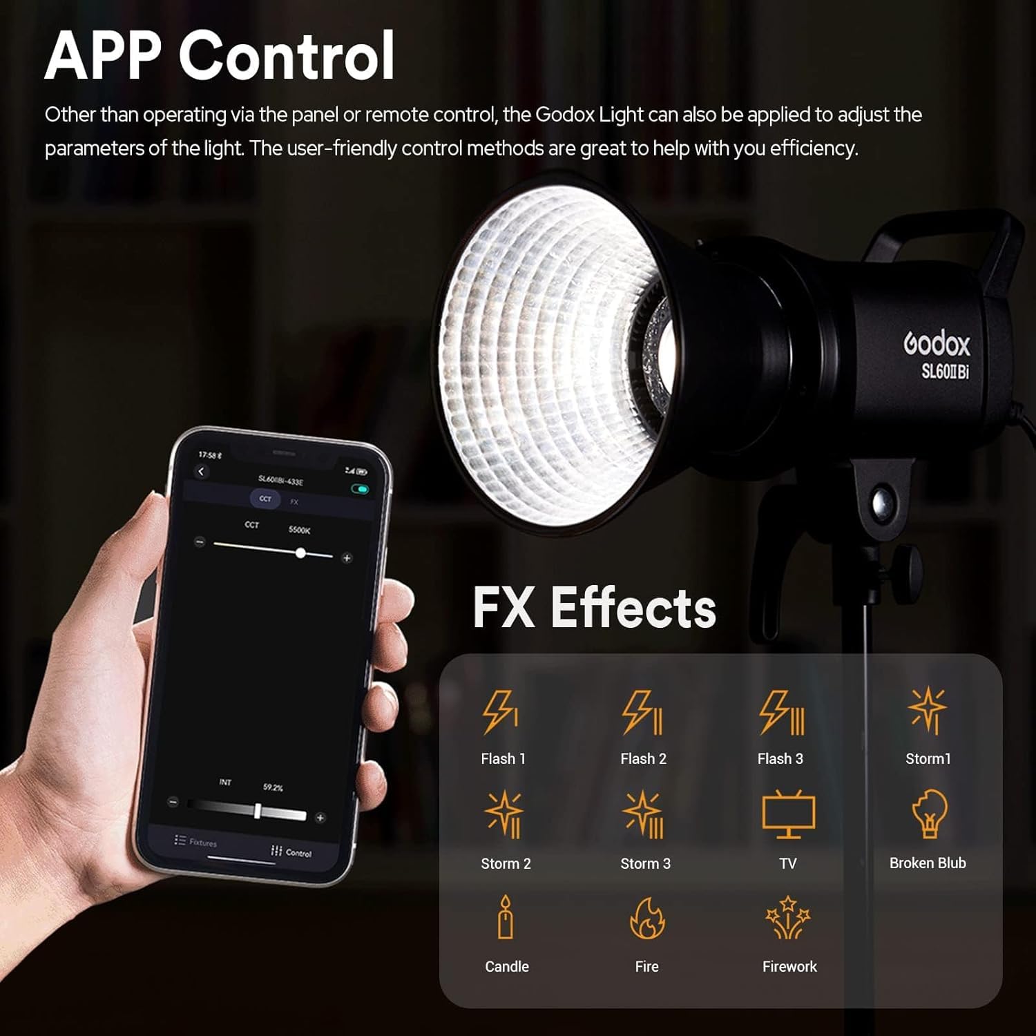 Godox SL60IIBi SL60II-Bi Video Light 75W Bicolore 2800-6500K CRI96 TLCI97 Controllo App Bluetooth 11 Effetti FX Luce Illuminazione Continuo con Bowens Mount