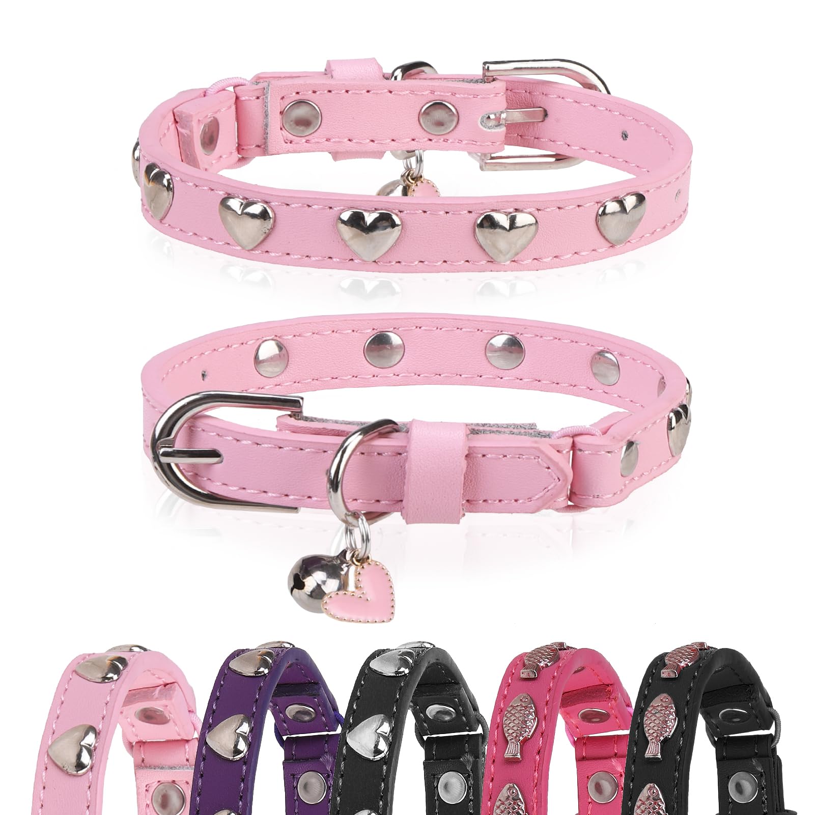 DILLYBUD Leather Cat Collars for Boy Girl Cats with Bell and Safety Elastic Belt, Personalized Love and Fish Stud Adjustable Safe Buckle Collar for