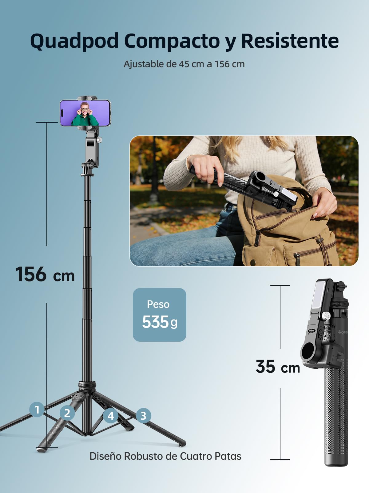 Rollei Trípode Estabilizador para Movil con Seguimiento Facial Automatico | 360 Giratorio Gimbal Palo Selfie Ajustable 45~156cm Compatible con iPhone/Android, Estabilizador-Movil-Gimbal-Tripode