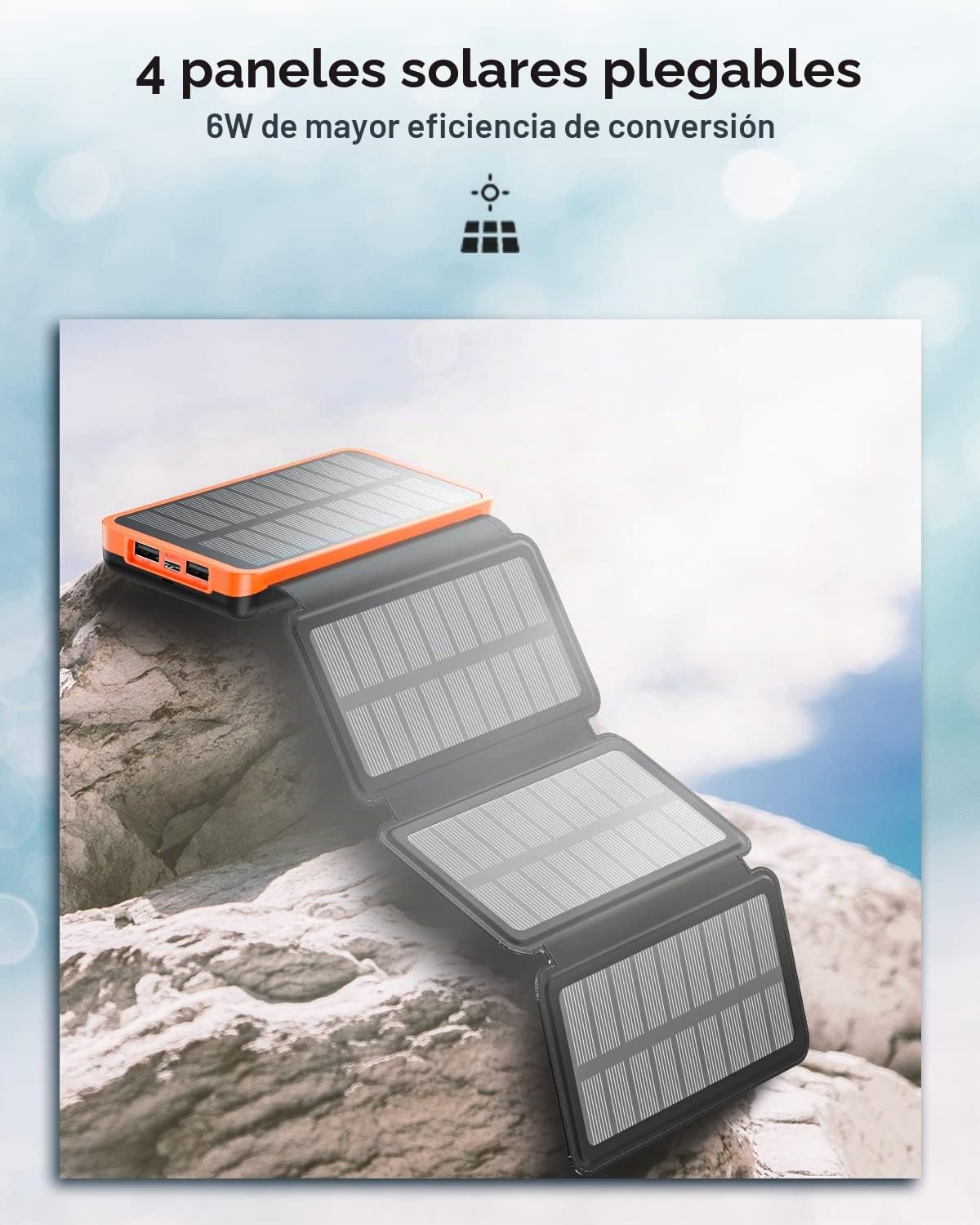 Hiluckey Cargador Solar 20000mAh, Portátil Power Bank con 4 Paneles Solar Dual Puertos USB 2.1A Carga Rápida Impermeable Batería Externa para Smartphones, Tabletas y Acampar al Aire Libre