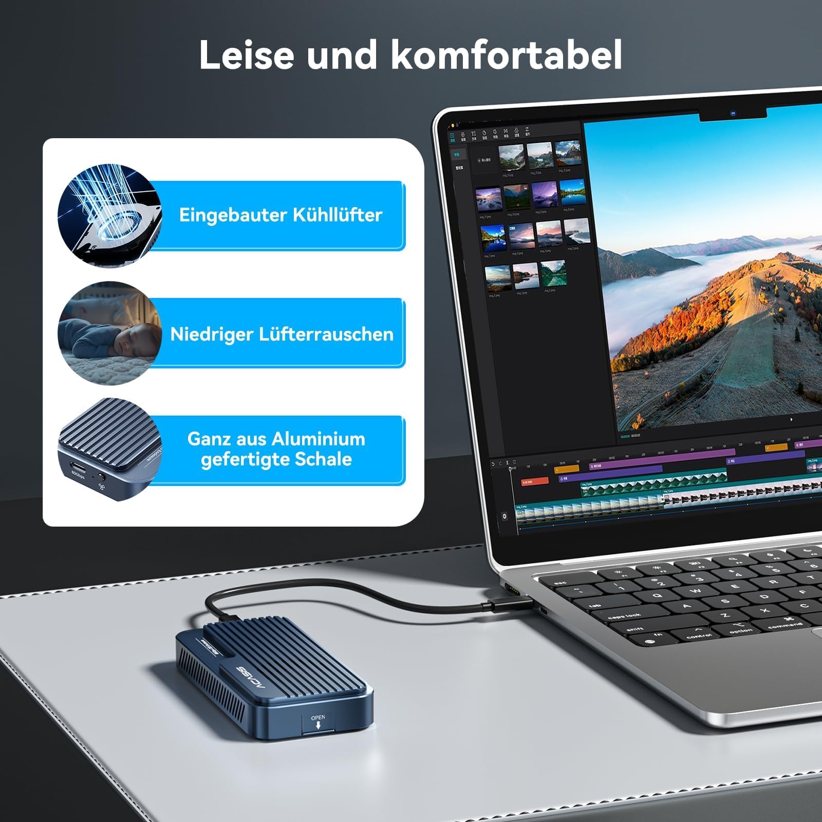 ACASIS TBU501PRO 80Gbps M.2 NVMe SSD Gehäuse mit Cooling Fan, 80Gbps Nvme Gehäuse Compatible mit Thunderbolt 5/USB4 V2.0, MacBook Pro M4/M4 Pro und M4 Max, Mac mini M4,Blau