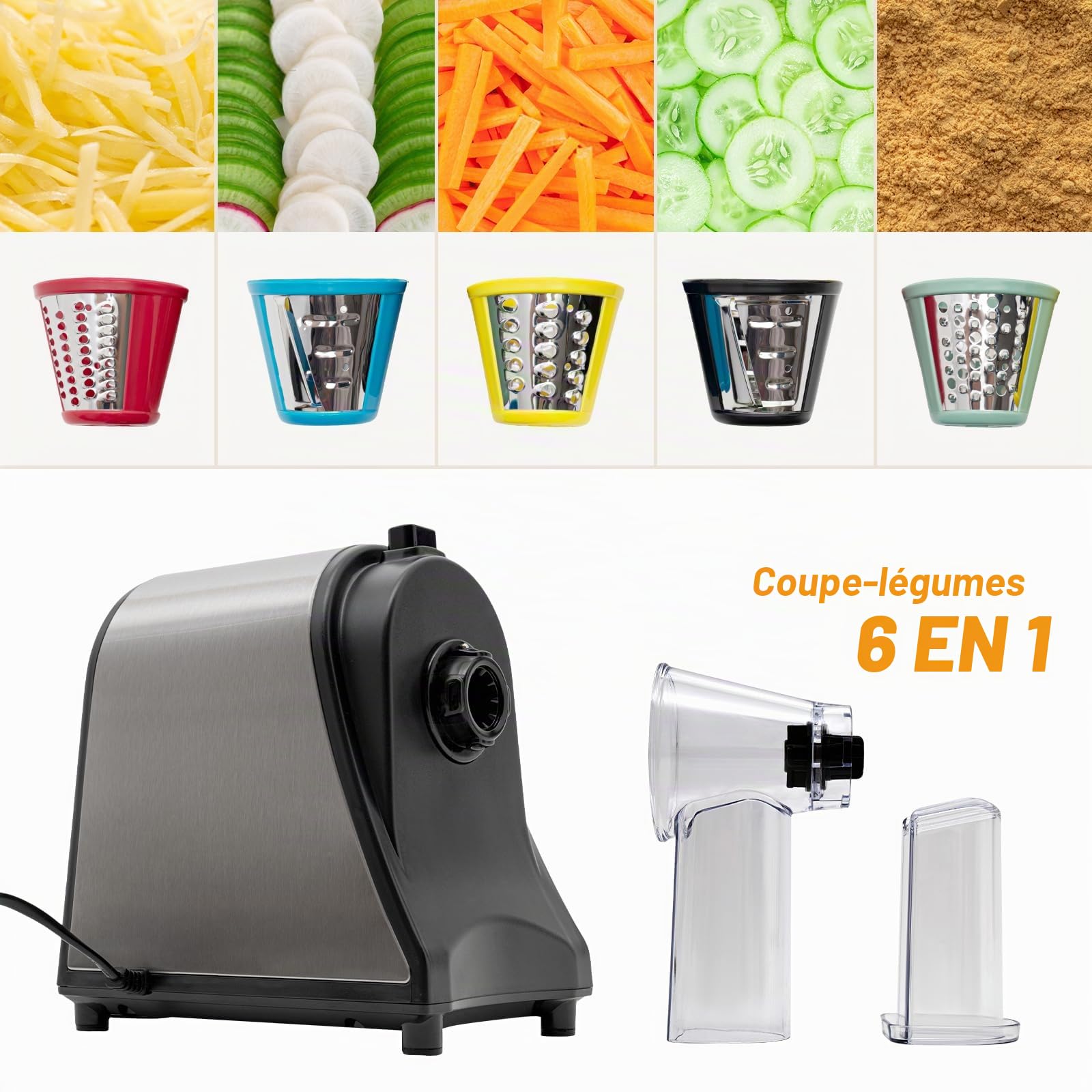 Mandoline électrique 1000 W - Râpe de cuisine - Râpe à légumes 6 en 1 - Trancheuse électrique professionnelle - Coupe-légumes électrique