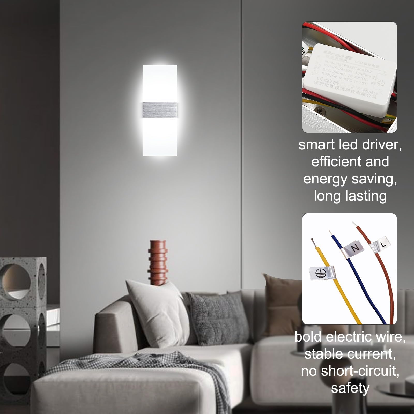 12W Aplique de Pared Interior, Lámparas de Pared LED Modernas, Hacia Arriba Hacia Abajo Iluminación de Pared para el Dormitorio Pasillo Sala de Estar Escaleras (Blanco Frío)