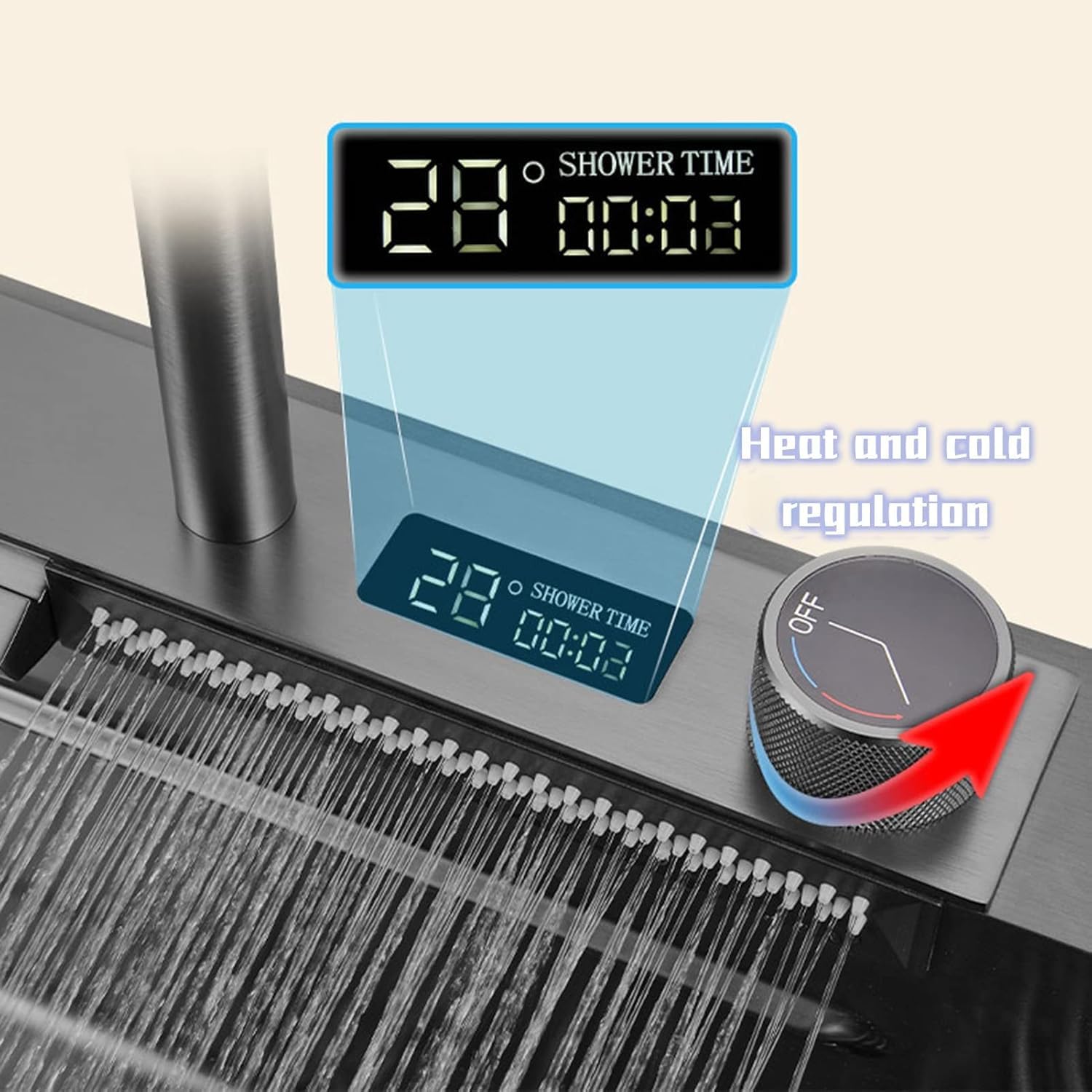 Zlewozmywak kuchenny, jednokomorowy zlewozmywak ze stali nierdzewnej z zestawem baterii i akcesoriami, stacja robocza montowana od góry z wyświetlaczem temperatury