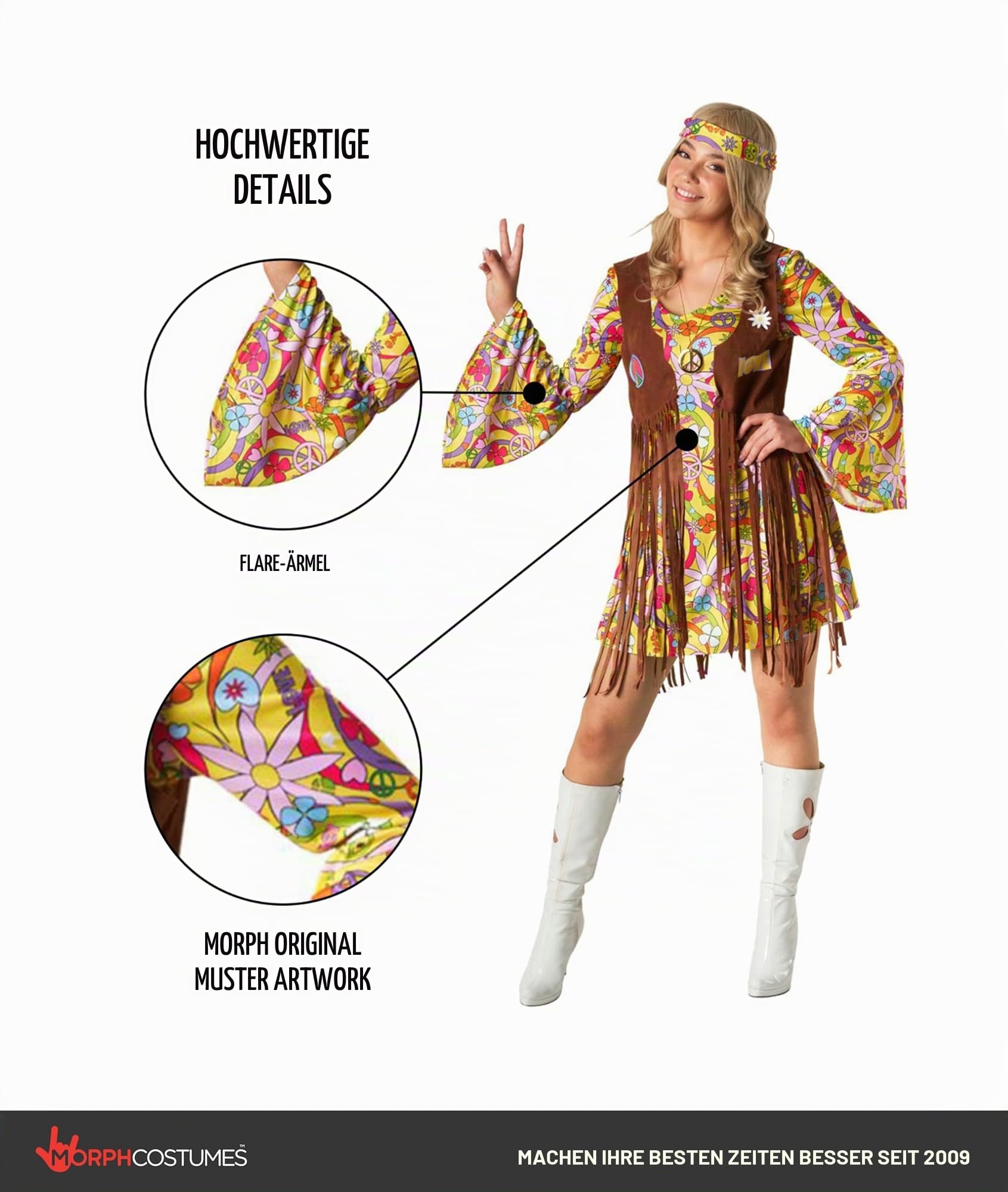 Morph Hippie Kostüm Damen, 70er Jahre Halloween Kostüm Damen