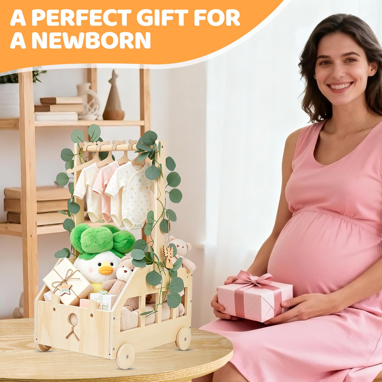 Cesto Nascita Bimbo in Legno con Ruote, Maniglia e 5 Grucce, Cesto Regalo Organizzatore per Prodotti Neonato, Idea Regalo Nascita e Regalo Baby Shower, Design Orsetto per Cameretta
