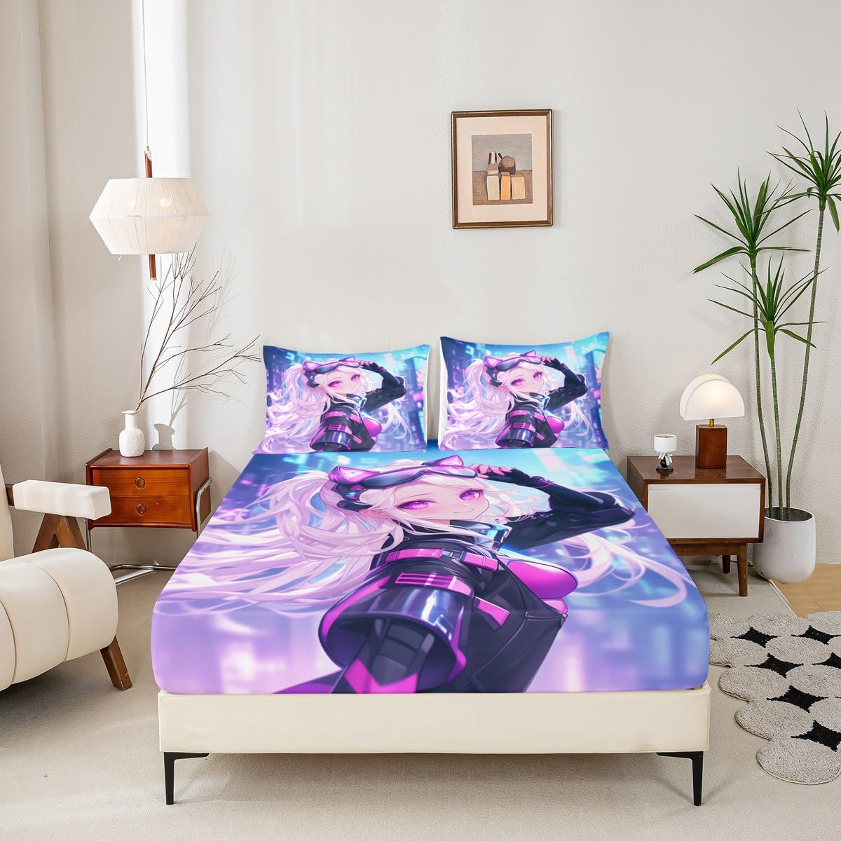 Erosebridal Girls Japanese Anime Fitted Sheet Queen, Kawaii Anime Girl Bed Sheets Cartoon Manga Girl Bedding Set for Kids Teens Adult Women, Japanese Animation Sci Fi Style Sheets,Blue Purple