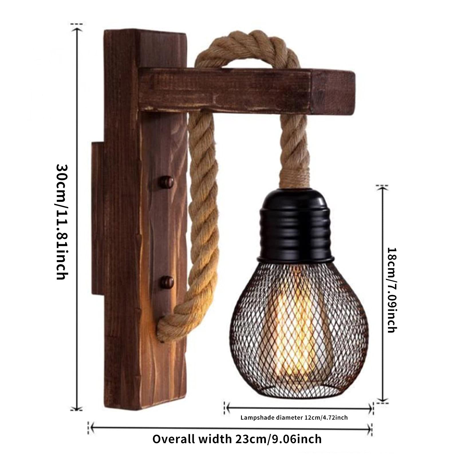 2Pezzi Lampada da parete industriale in corda di canapa e ferro, lampada da parete con puleggia di sollevamento personalità creativa Lampada retrò per camera da letto Café (senza lampadina)