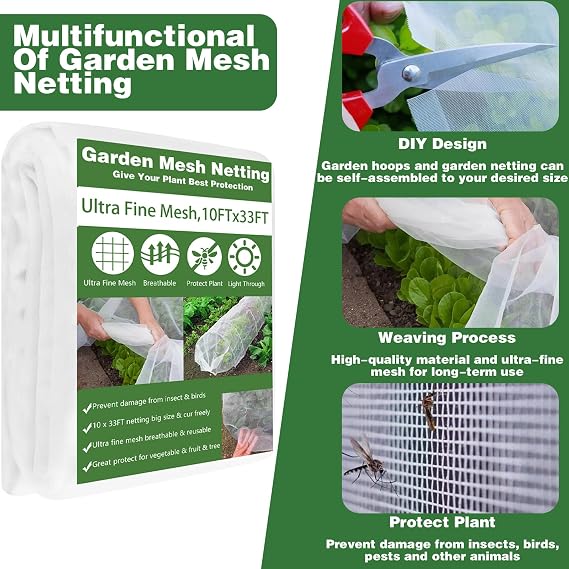 Garden Mesh Netting Kit, 10x33FT Ultra Fine Mesh Netting with 6 Sets Fiberglass Garden Hoops & 12 Clips for Tree Fruit Barrier Vegetable Fruits Flowers Shrubs Plant Covers Net