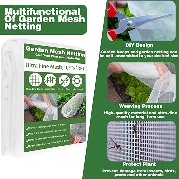 Garden Mesh Netting Kit, 10x33FT Ultra Fine Mesh Netting with 6 Sets Fiberglass Garden Hoops & 12 Clips for Tree Fruit Barrier Vegetable Fruits Flowers Shrubs Plant Covers Net
