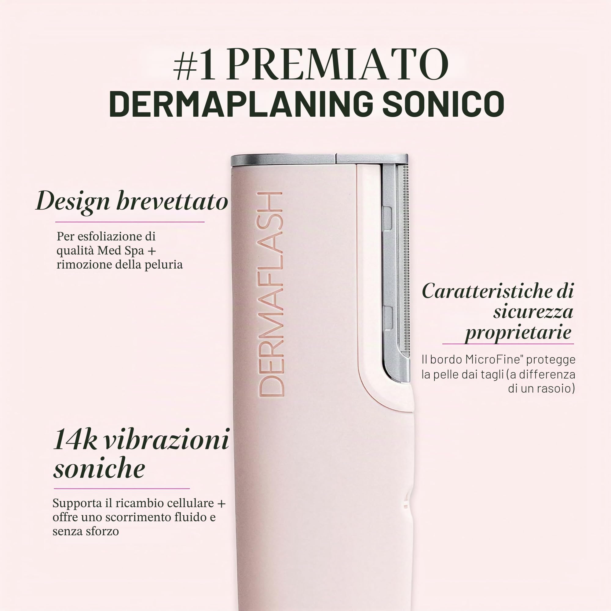 DERMAFLASH Dispositivo LUXE Plus, Anti Aging, Esfoliazione, Depilazione e Strumento Dermaplaning con tecnologia Sonic Edge e 4 settimane di trattamento, Blush