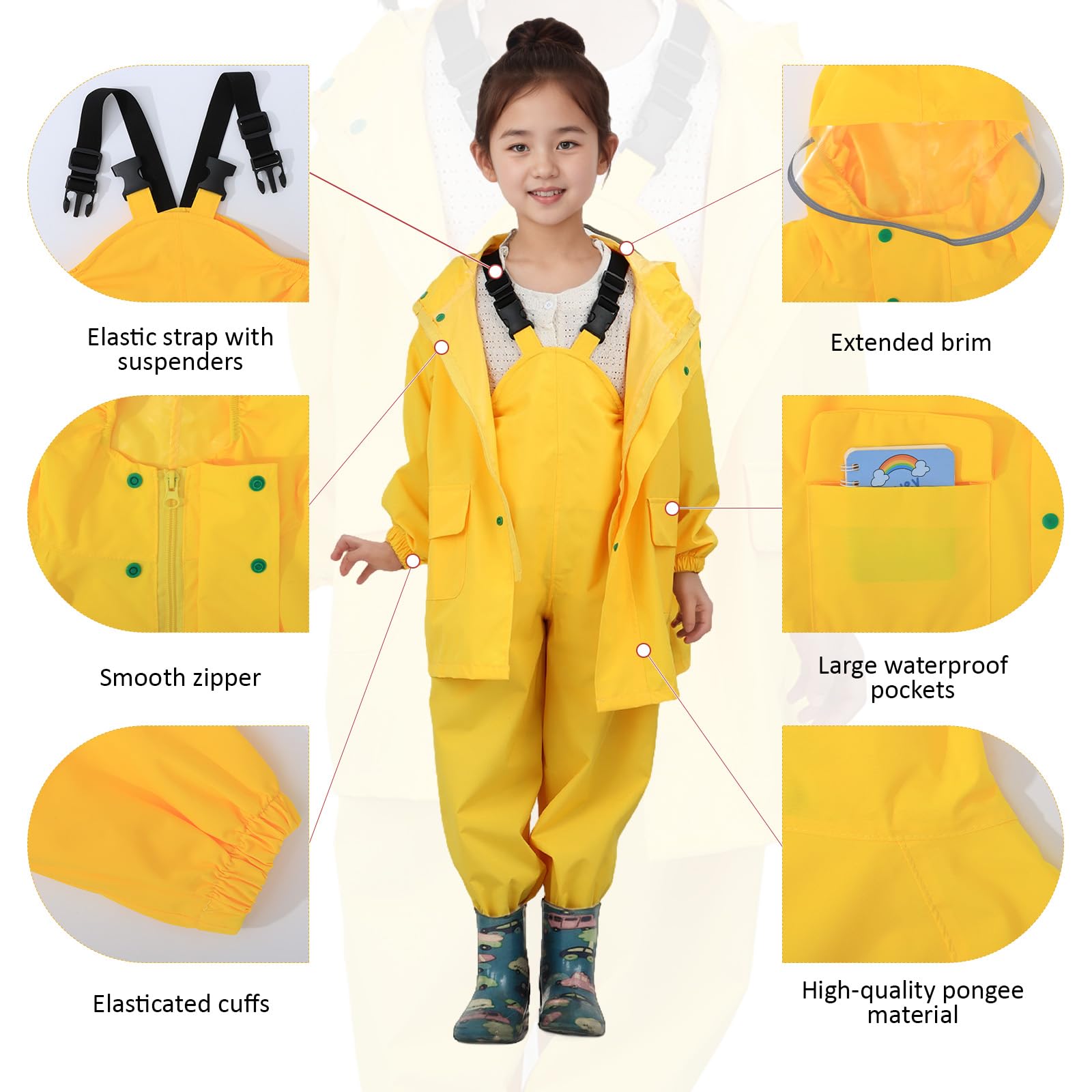 Unisex Trajes de lluvia para Niños Chaqueta Impermeable con Pantalones de lluvia con Tirantes Chubasquero Ligero para Niños con Capucha al aire Libre para Niño y Niña