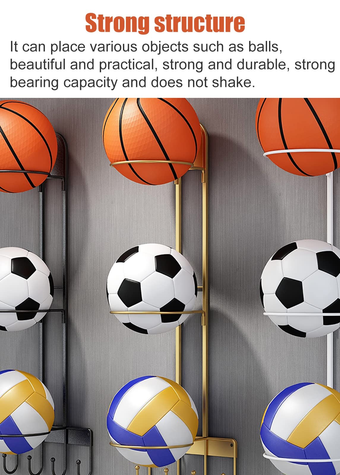 Soporte para balones de fútbol de Pared para el hogar, el Garaje o la Oficina, Organizador de Almacenamiento de Baloncesto, Soporte de exhibición de balones de (Oro