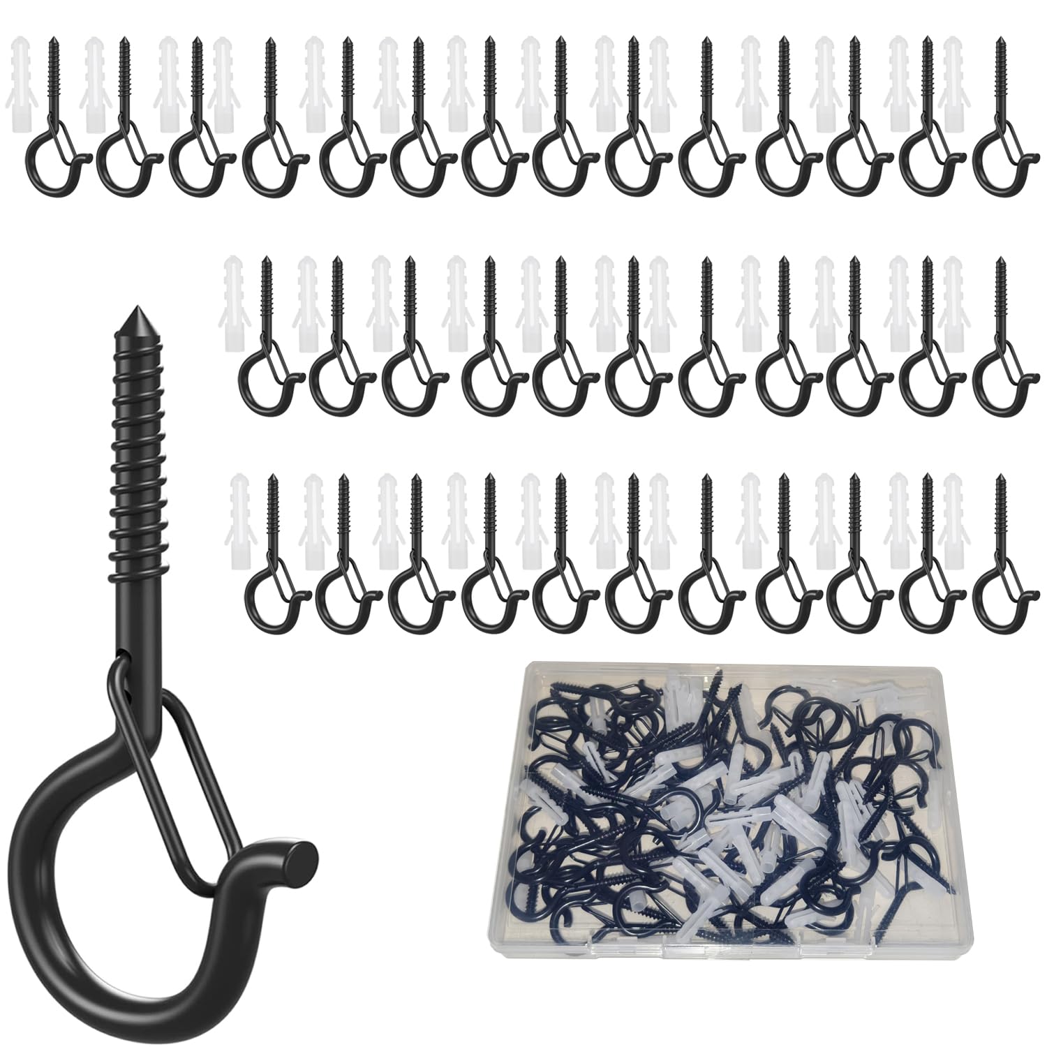 Uni-Fine 40 PCS Screw-in Hooks, 1.47inch Eye Hooks Screw Q-Hanger Hooks with Safety Buckle, Ceiling Hook Kit for Kitchen Garden Plants Christmas Outdoor String Lights, Wall Cabinet Ceiling Eye Hook