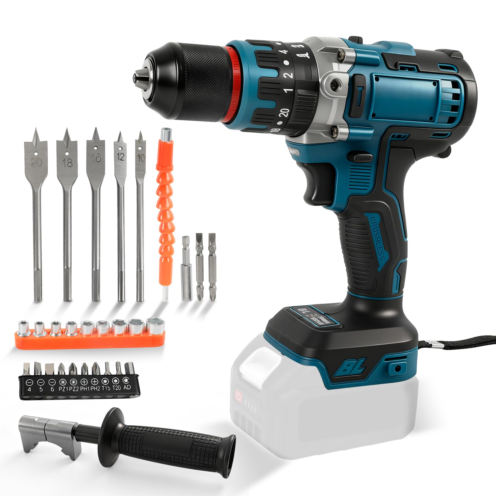 Taladro percutor inalámbrico sin escobillas de 80 Nm compatible con batería Makita de 18 V, taladro percutor de 1/2'', 2100 rpm, 20 niveles de par, 3 funciones, atornillador eléctrico de impacto.