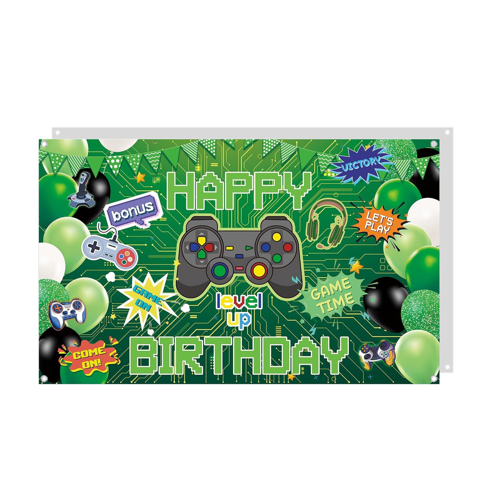 Targonix Green Birthday Banner for Boys, Game Theme Happy Birthdays Backdrop 180x120cm, Polyester Gaming Decoration for Kids Party or Gamer Event