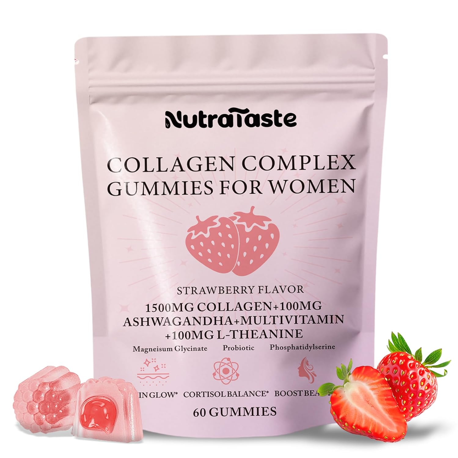 Collagen Gummies for Women Biotin Vitamins Probiotics Ashwagandha Skin Hair Nails Supplement Sugar Free Non-GMO Gluten Free Strawberry