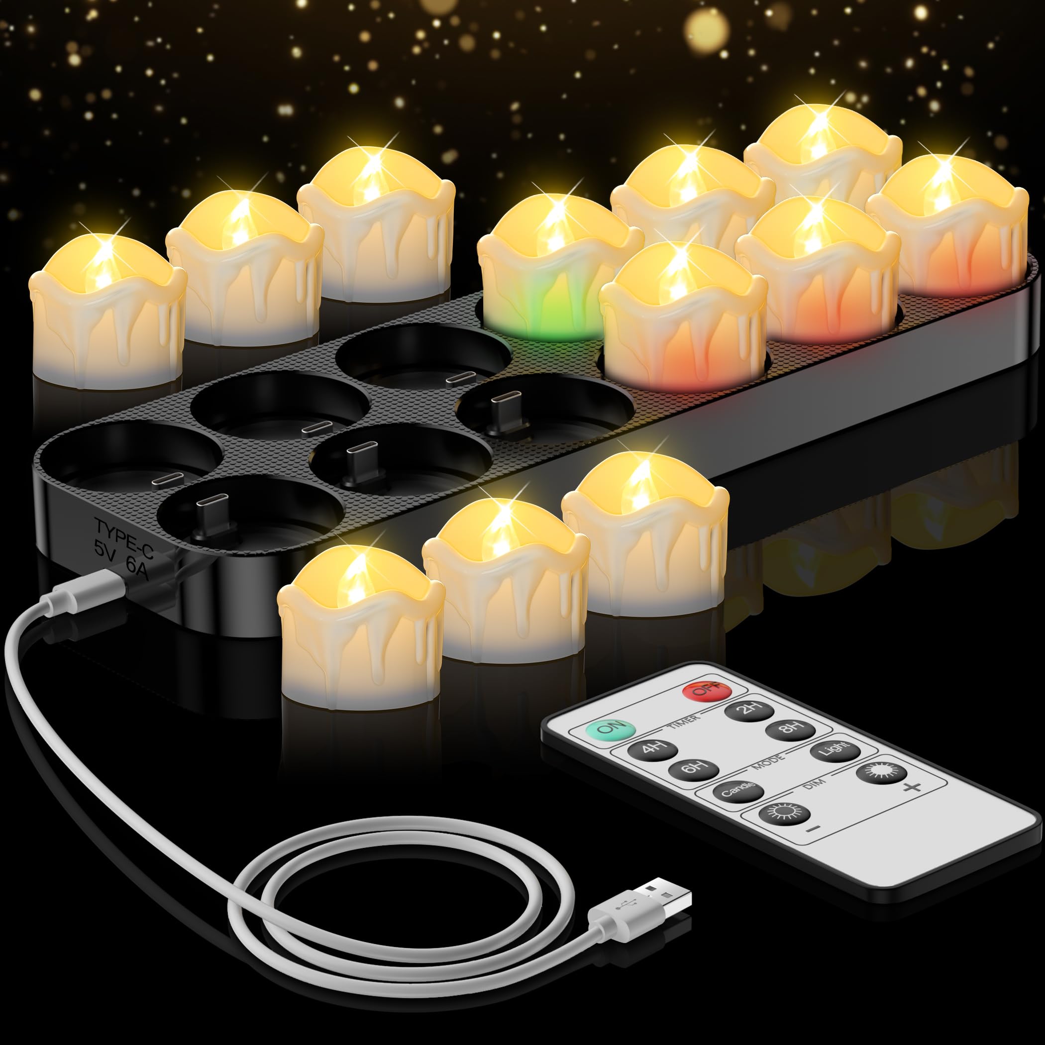daphomeu Aufladbare LED Teelichter mit Fernbedienung, 12er Set Timerfunktion und Ladestation - Flackernde Elektrische Kerzen für Wohnzimmer, Tischdeko, Halloween, Weihnachten