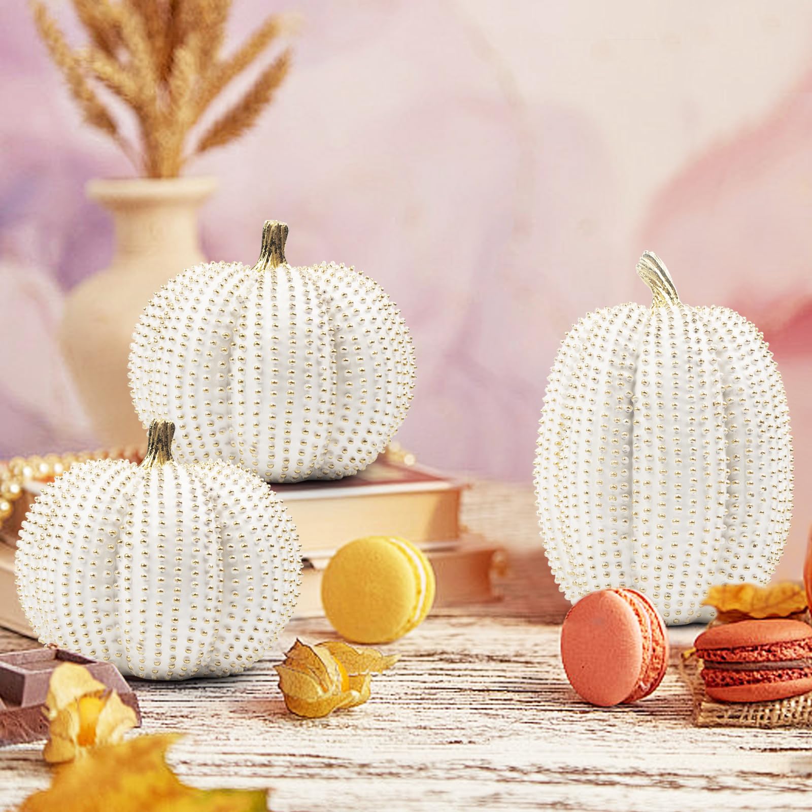 Fangoo 3 Pezzi Zucche Artificiali per Autunno Decorazione Bianche E Dorate Da Tavolo Interni Resina Finta Zucche Regalo Cucina Decor per Ringraziamento E Raccolto, Centrotavola, Camino, Casa