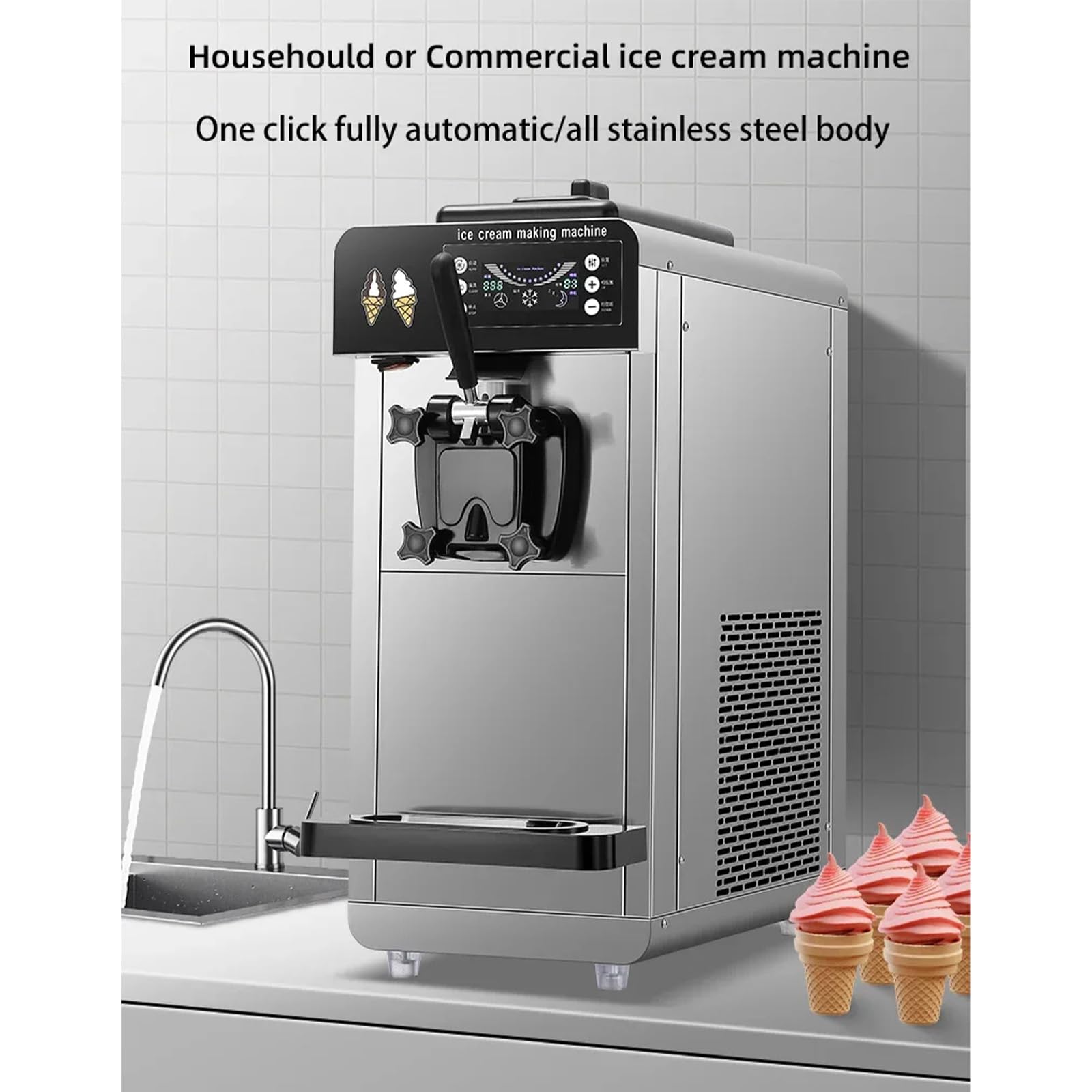 Macchina Professionale per Gelato, Potente erogatore a Testa Singola per Gelato Soft, Display a LED e Pulizia Automatica, Ideale per ristoranti, gelaterie e caffetterie.